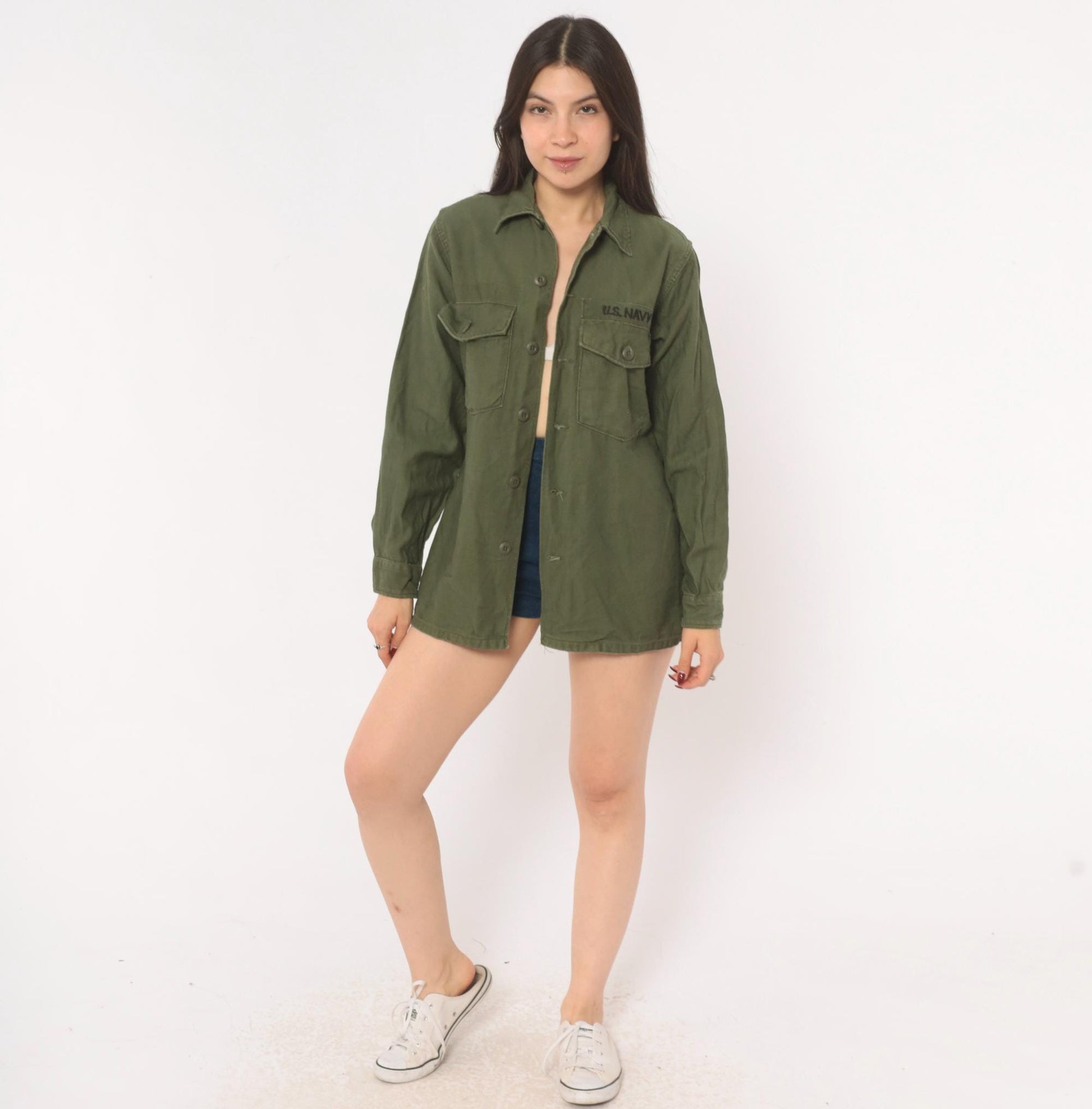 80s U.S. Navy Utility Shirt Olive Drab Cotton Military Field Top Medium