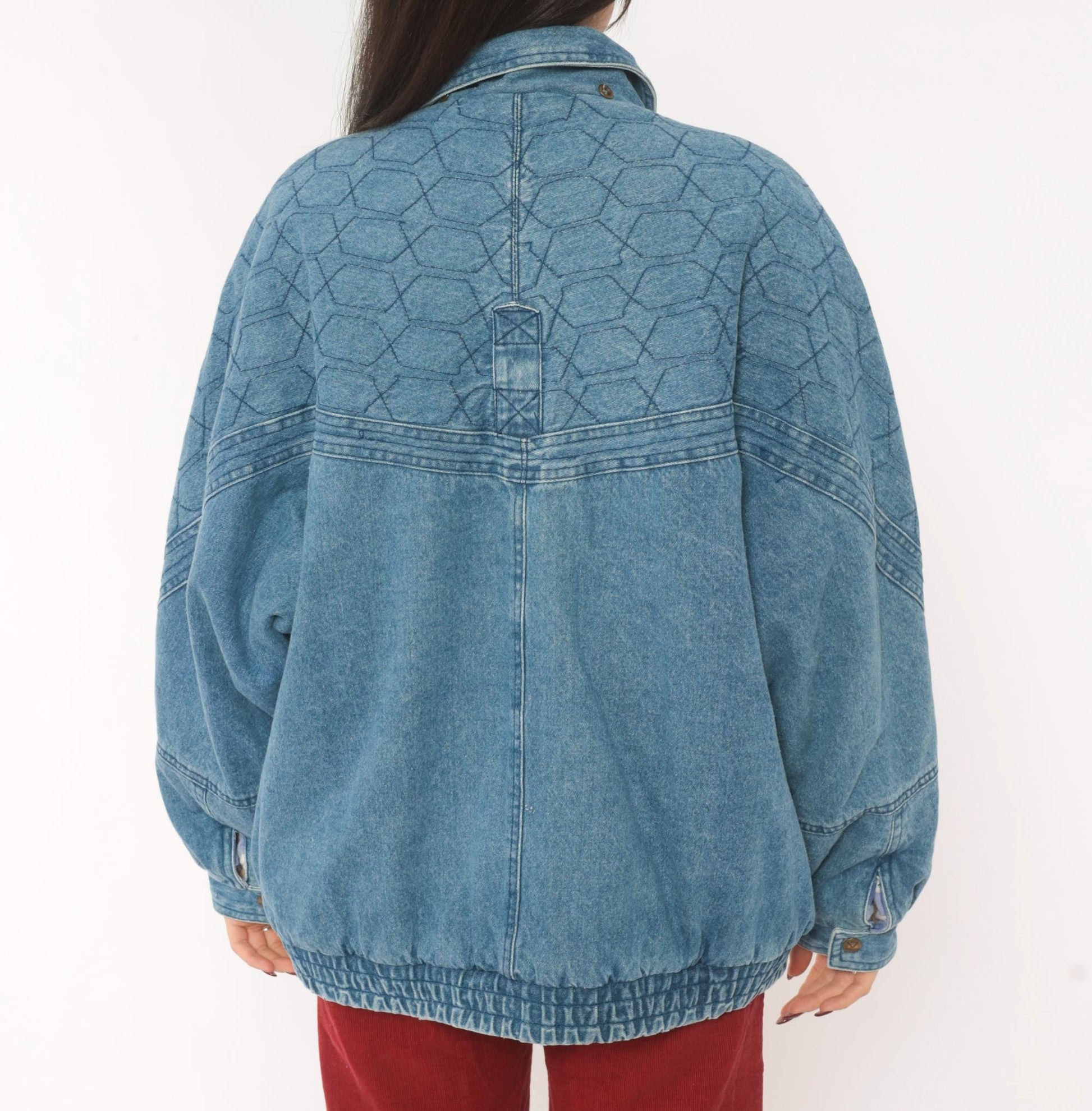90s Kongloon Quilted Denim Bomber Sherpa Lined Jean Jacket Blue Large