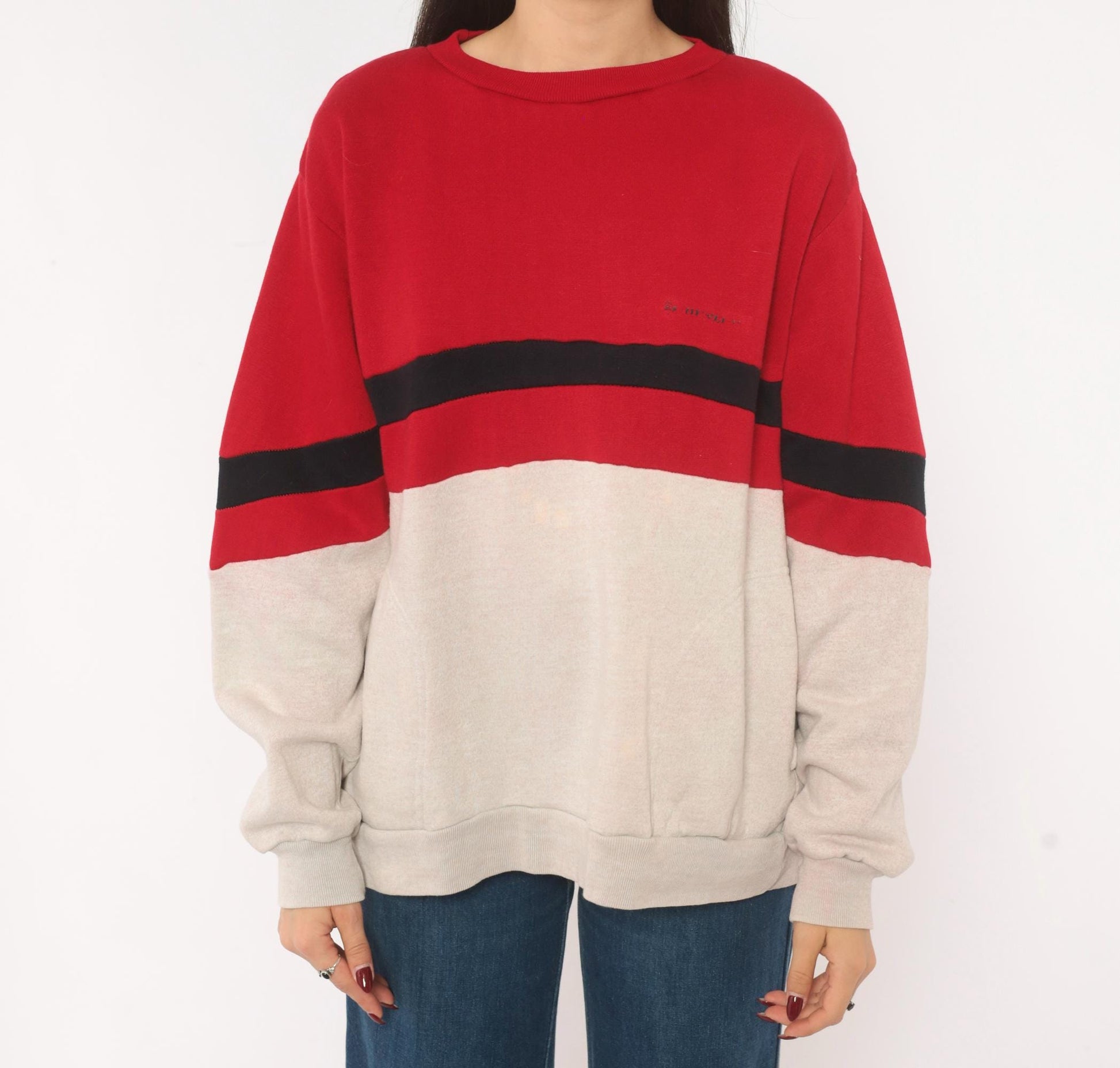 80s Dunlop Color Block Sweatshirt Red Cream Black Stripe Drop Shoulder Large