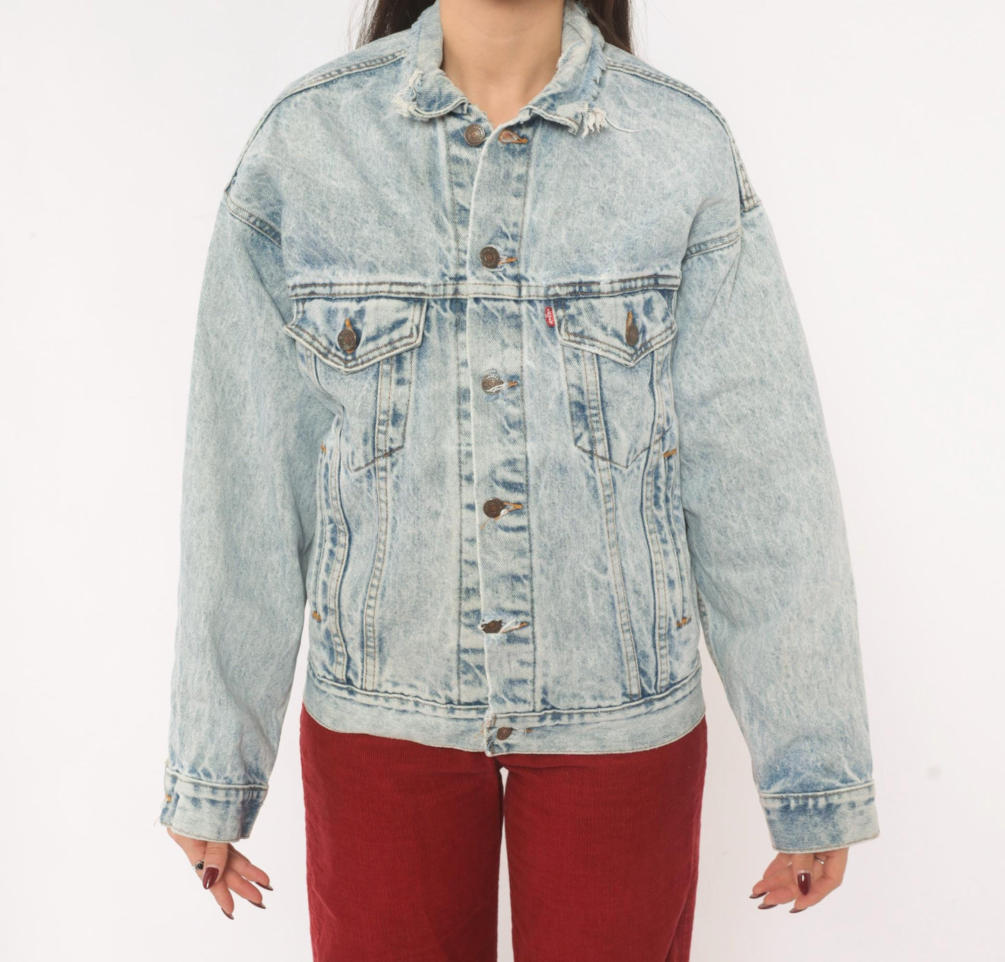 80s Levi's Acid Wash Denim Trucker Jacket Light Blue Distressed XS
