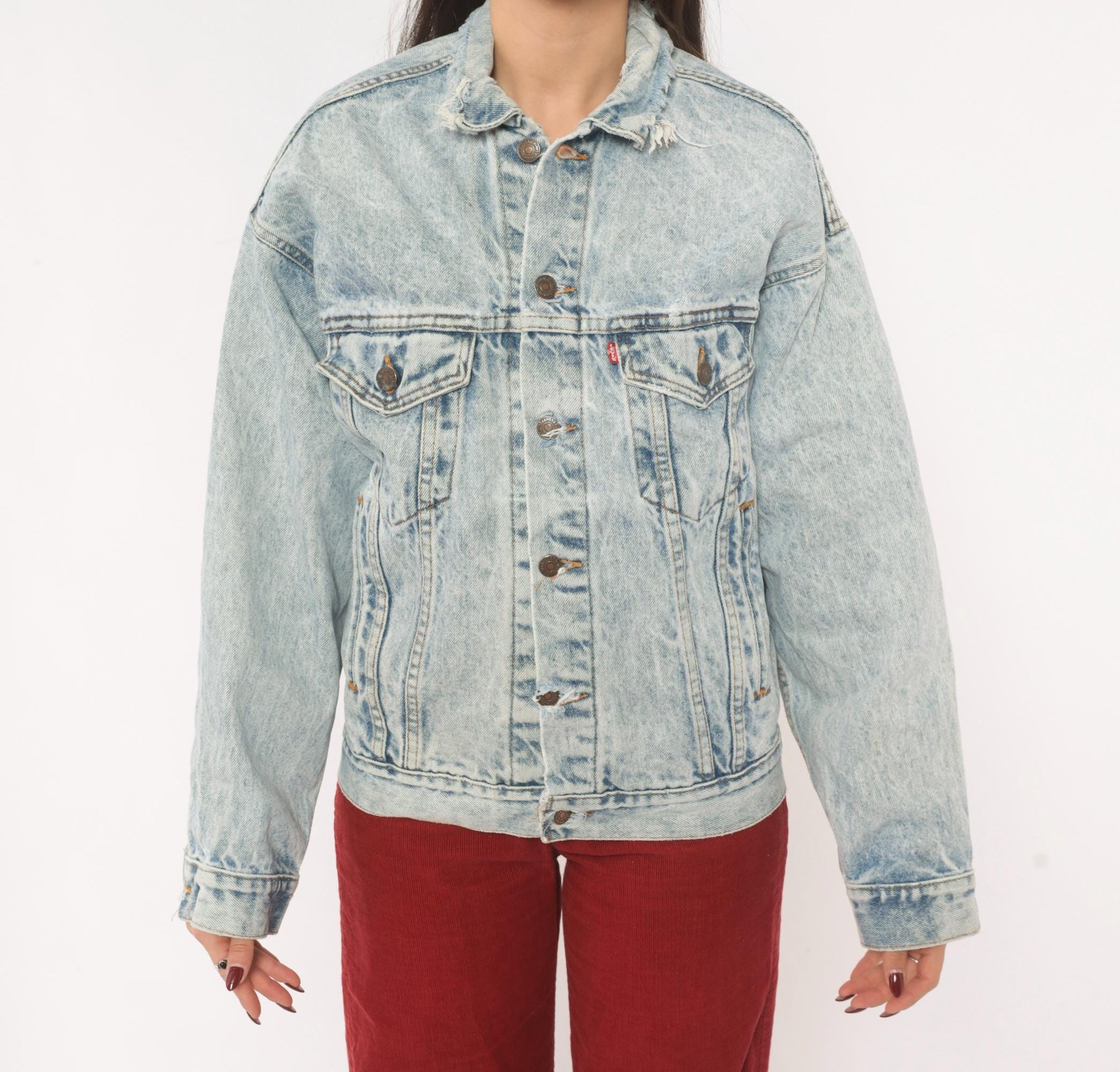 80s Levi's Acid Wash Denim Trucker Jacket Light Blue Distressed XS