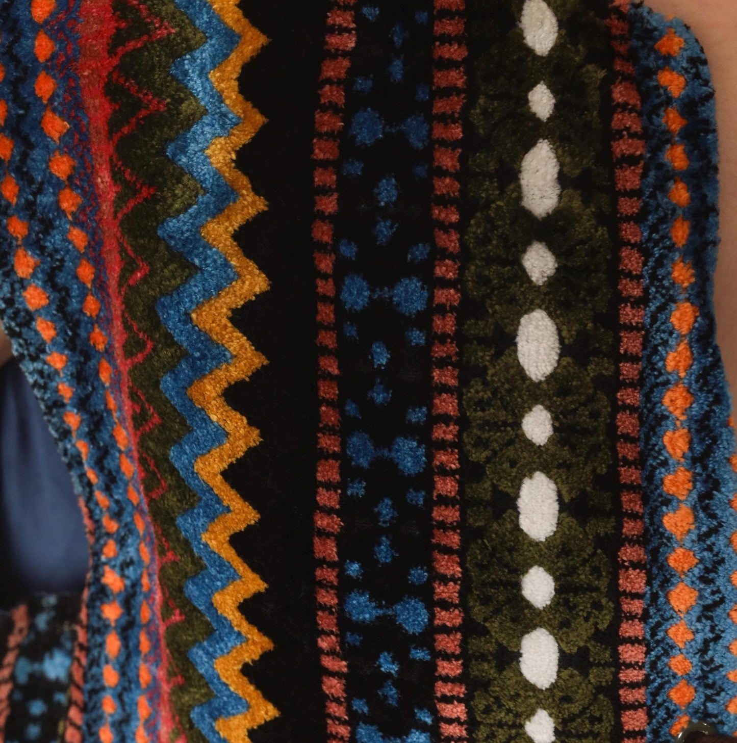 70s Chenille Tapestry Vest Multicolor Zigzag Stripe Lace-Up Tunic Large L