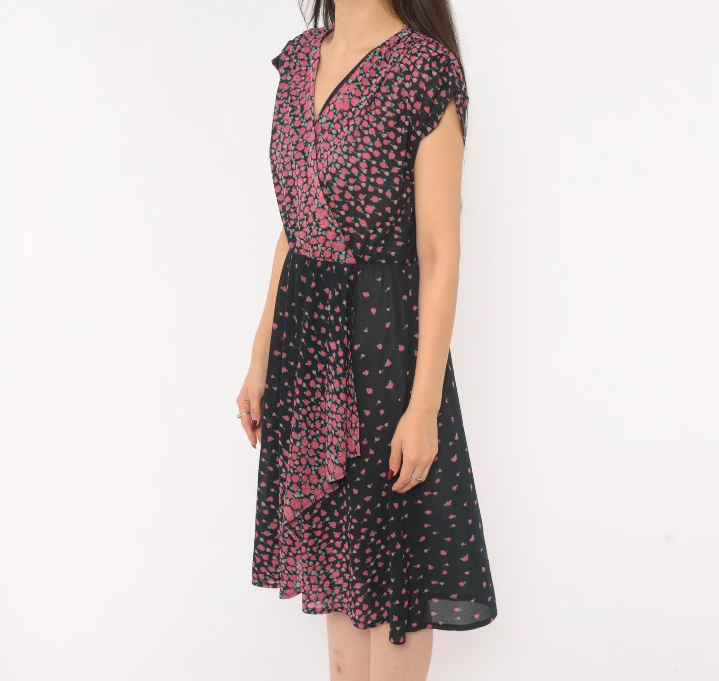 70s JT Jody of California Floral Wrap Dress Black Pink Gradient Knee-Length Medium