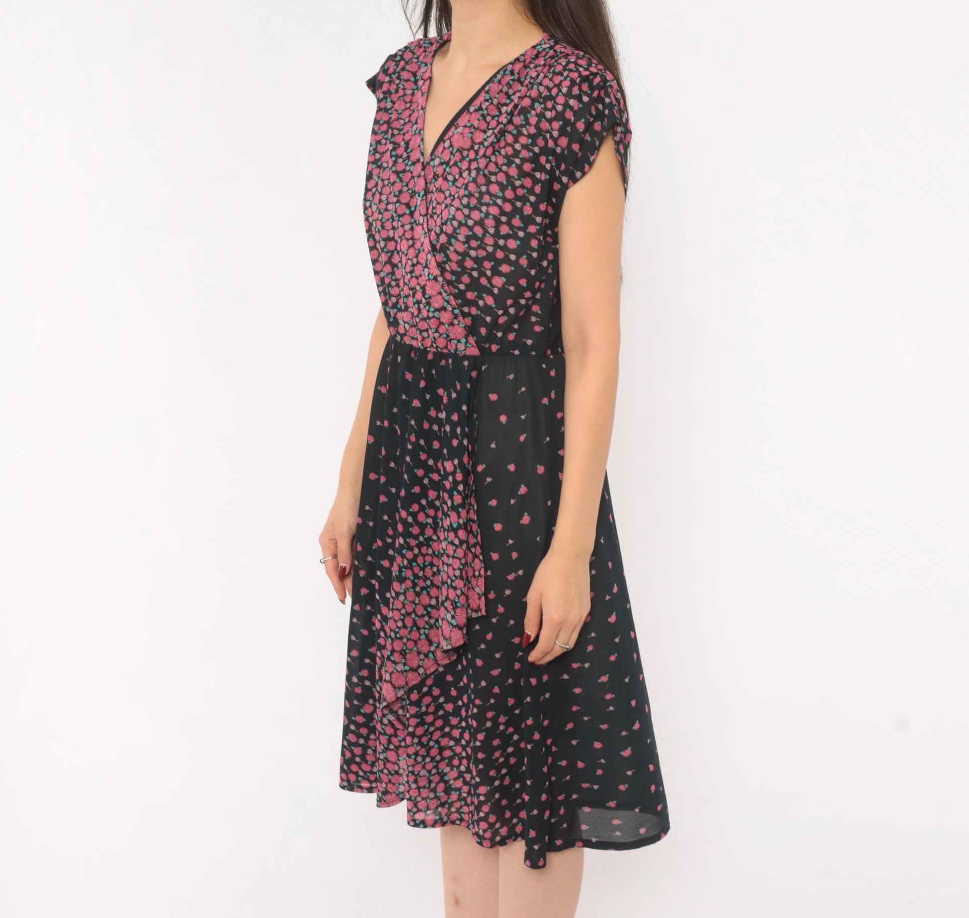 70s JT Jody of California Floral Wrap Dress Black Pink Gradient Knee-Length Medium