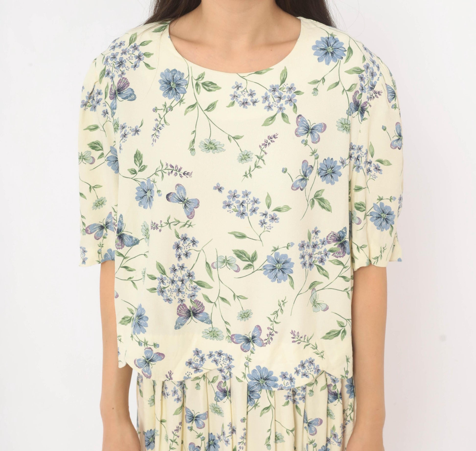 90s SL Fashions Floral Maxi Dress Cream Blue Lavender Peplum Short Sleeve Extra Large XXL