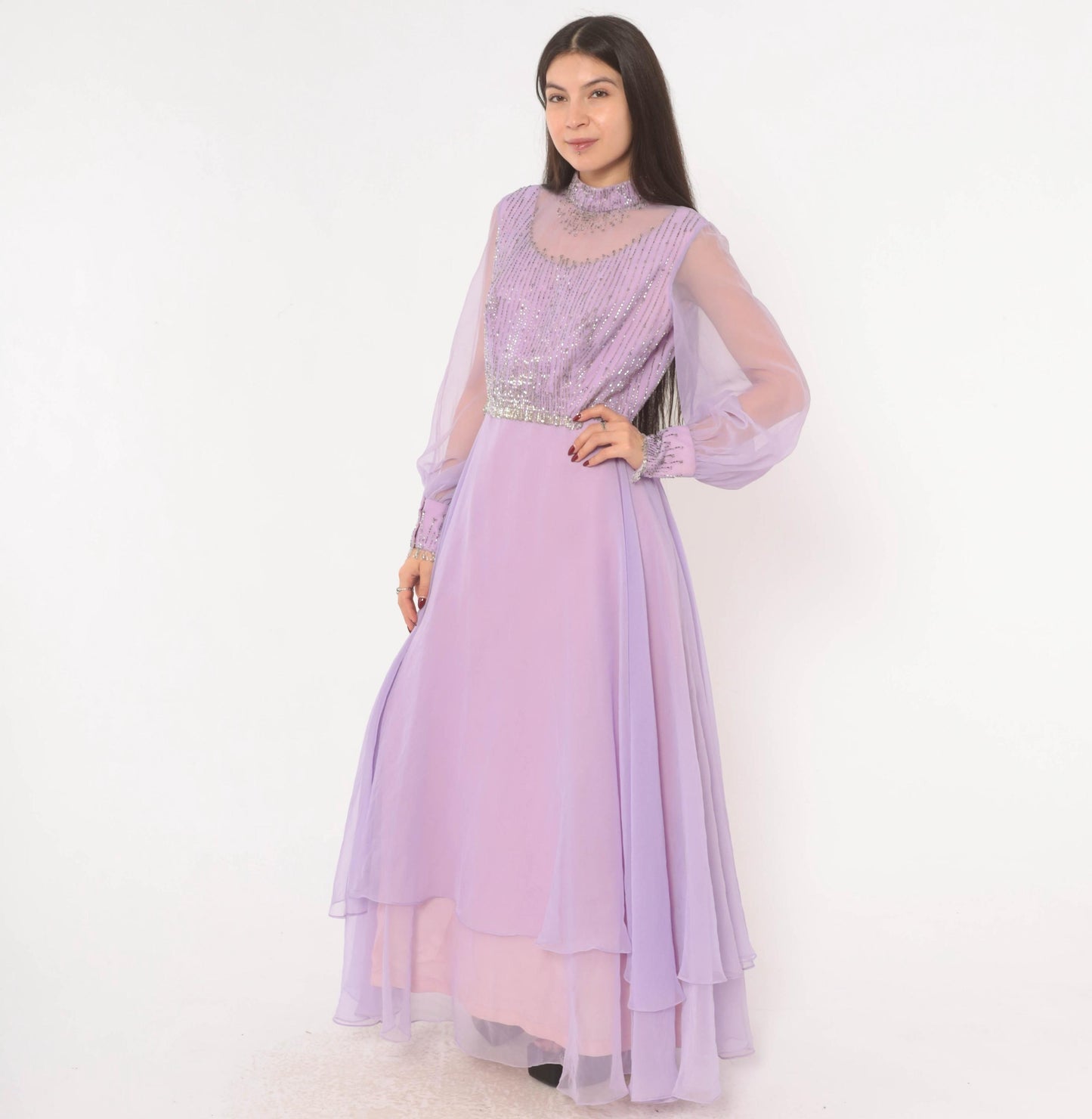 70s Lavender Chiffon Maxi Dress Beaded Bodice Bishop Sleeve Evening Gown Large L