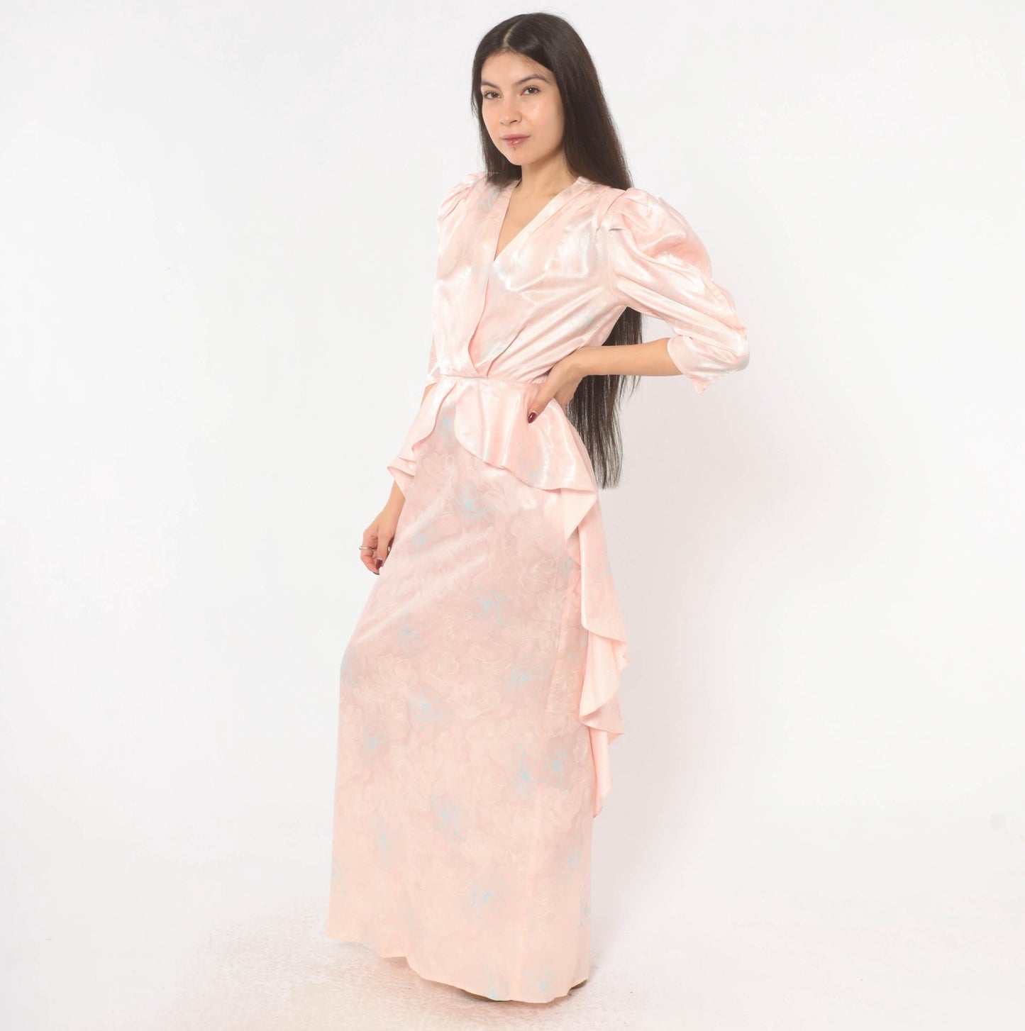 80s Zum Zum Puff Sleeve Maxi Gown Blush Pink Jacquard Floral Extra Small XS