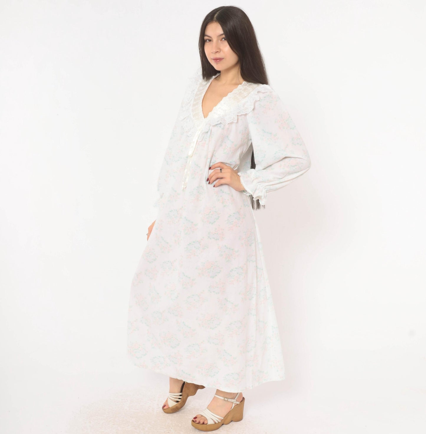 90s Gilligan O'Malley Floral Maxi Robe Puff Sleeve Eyelet Collar Pink Teal Medium M