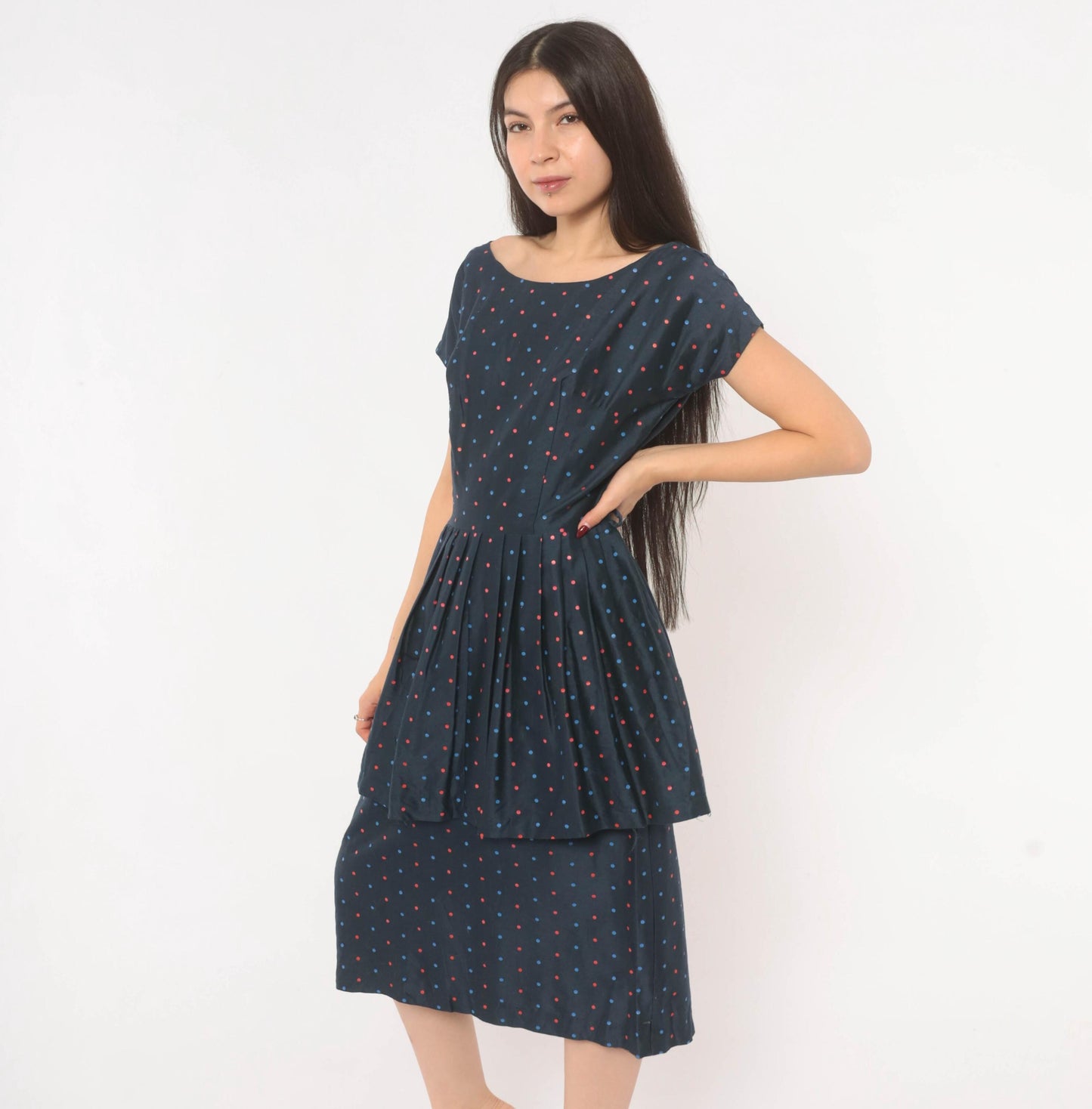 60s Navy Polka Dot Peplum Dress Red Blue Cap Sleeve Fitted Waist Medium M
