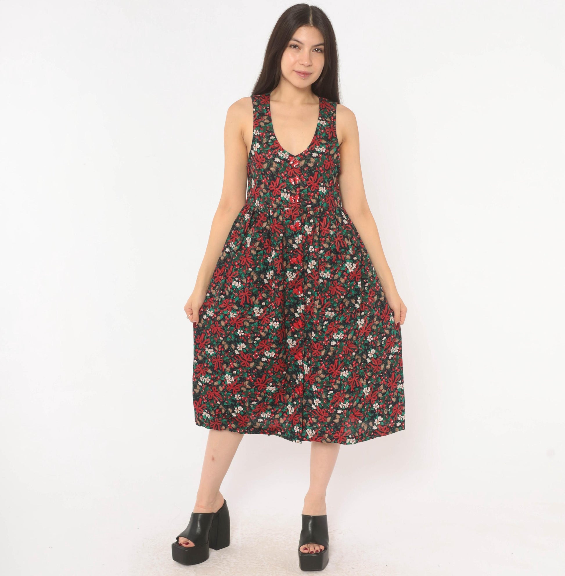 90s R.J. Stevens Christmas Jumper Dress Cotton V-Neck Holly Pinecone Navy Extra Small XS