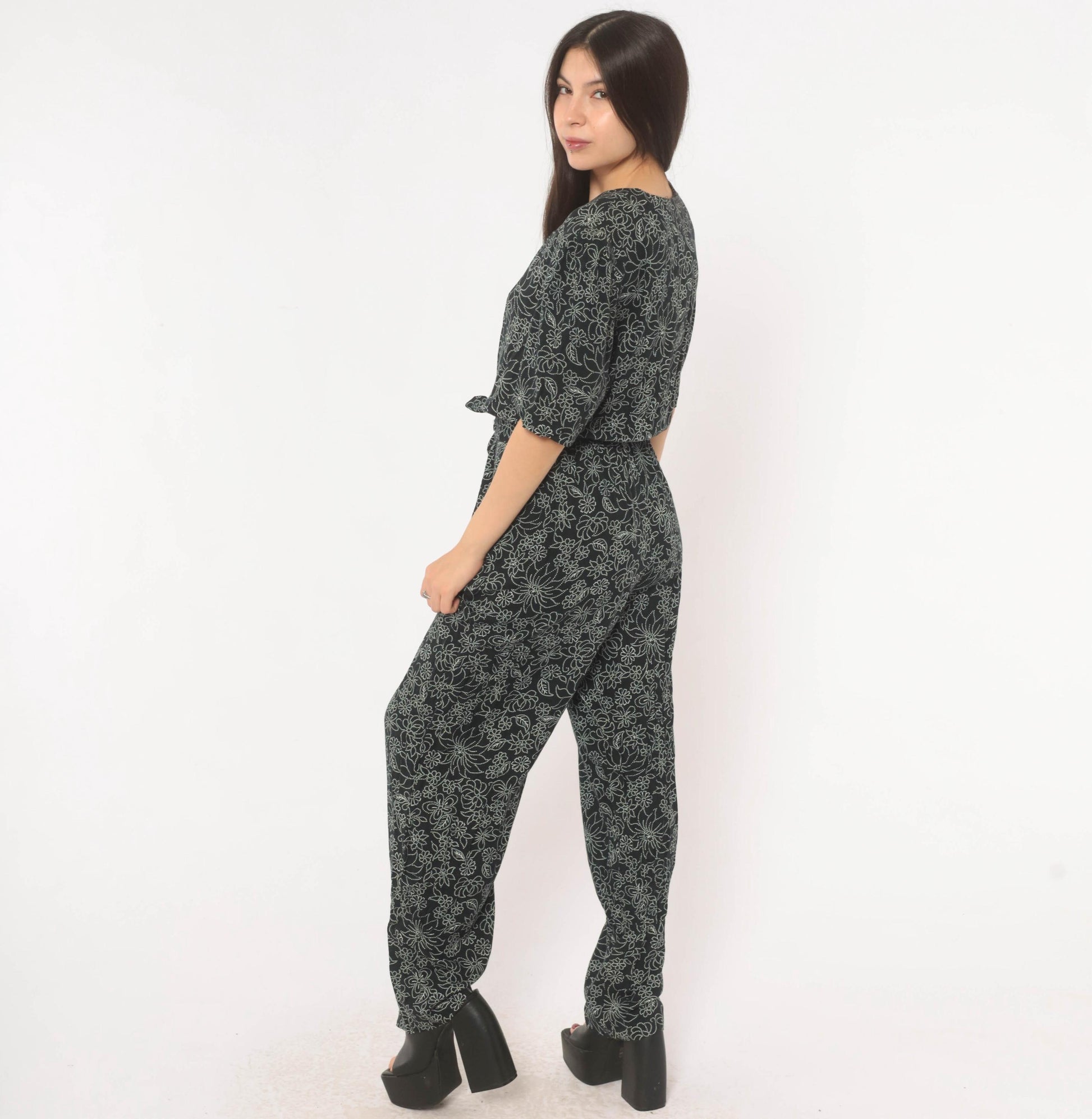 90s Molly Malloy Floral Jumpsuit Black White Dotted Print V Neck Small