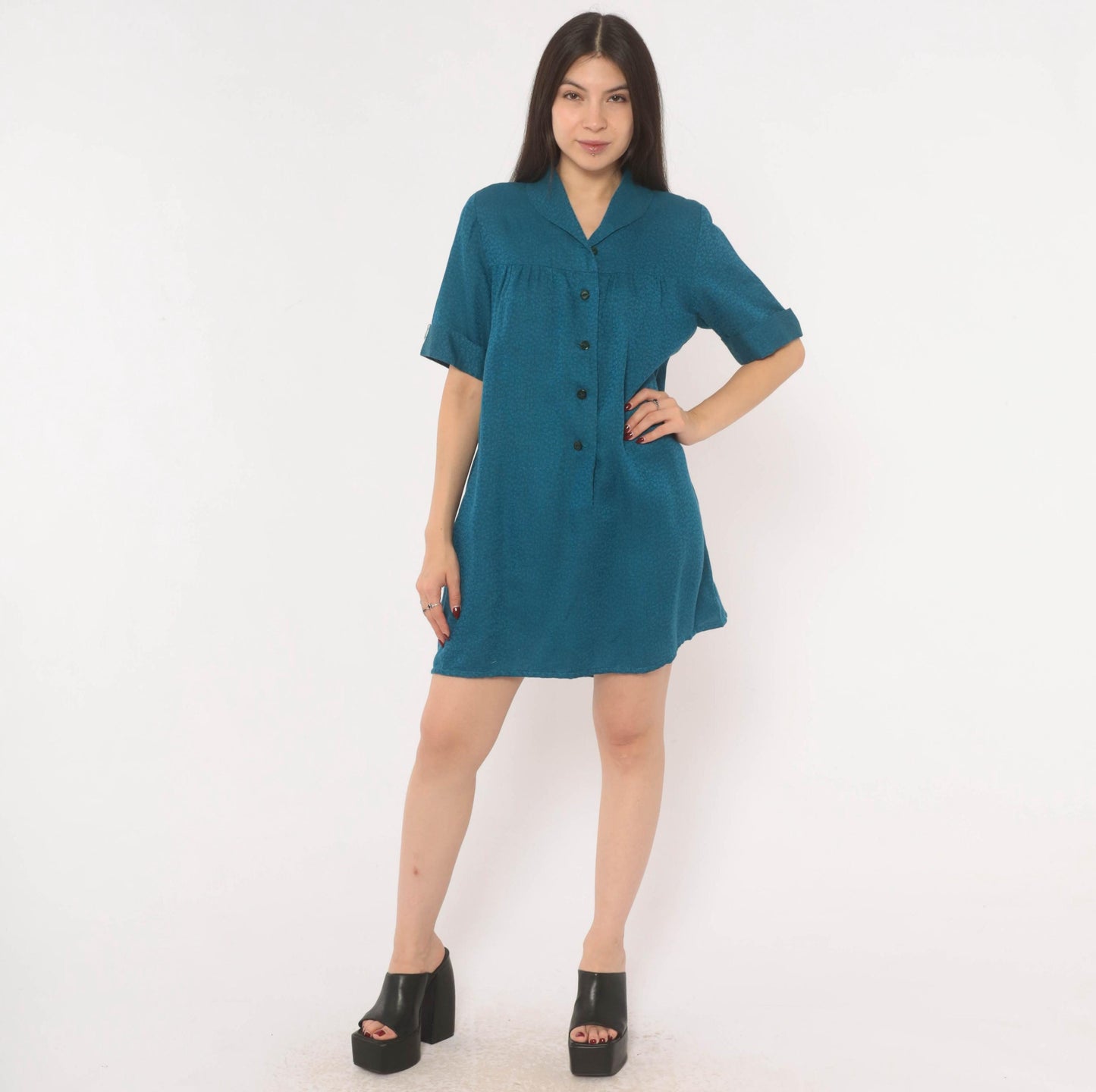 60s Royal Dry Goods Mod Shift Dress Teal Button Front Cotton Medium M