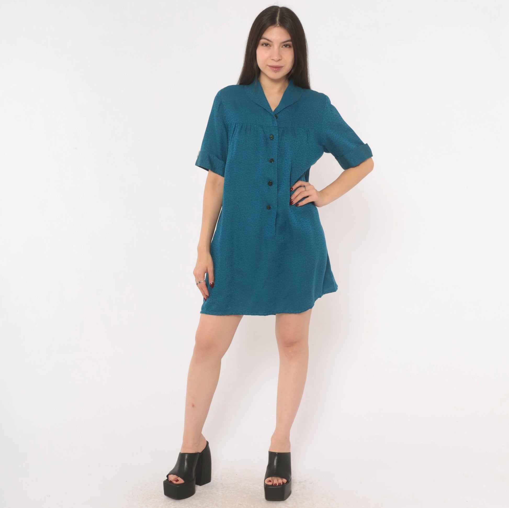 60s Royal Dry Goods Mod Shift Dress Teal Button Front Cotton Medium M
