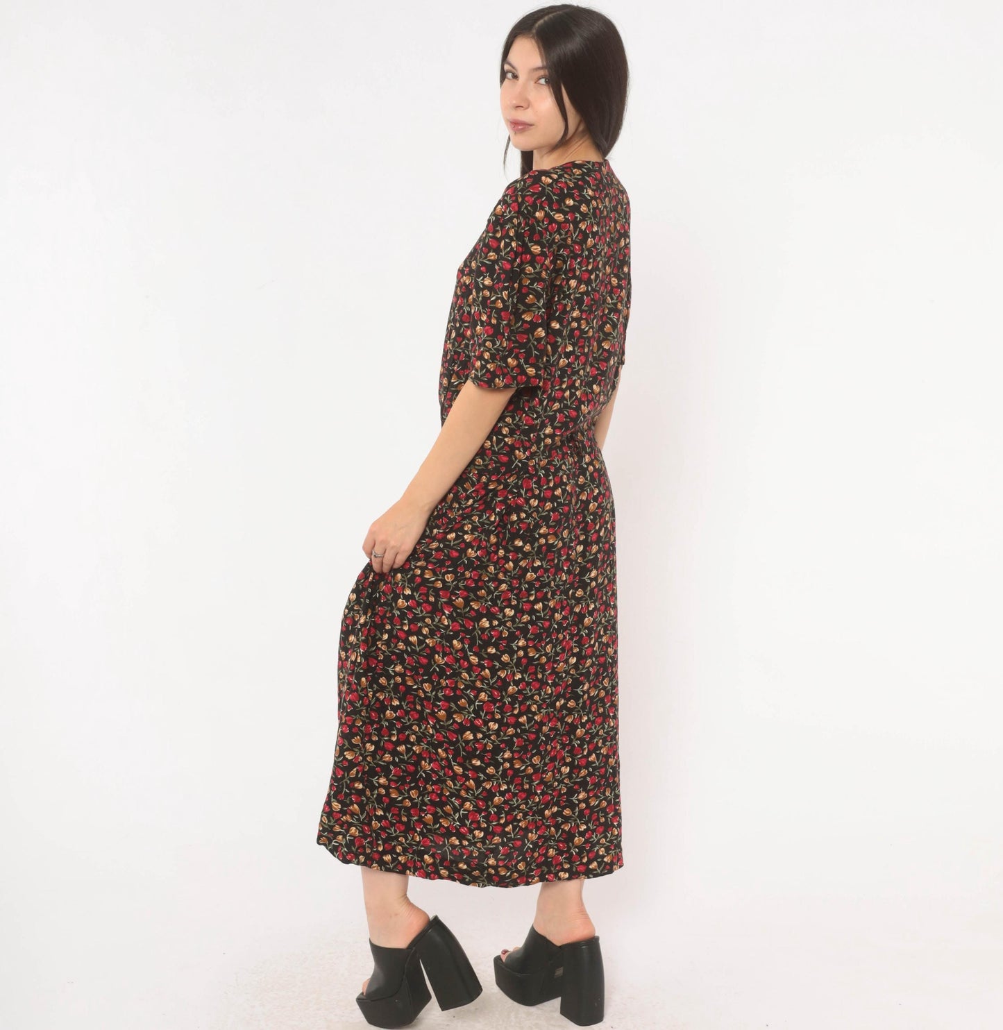 90s Periwinkle Black Tulip Maxi Dress Red Floral Puff Sleeve Plus Size XXL