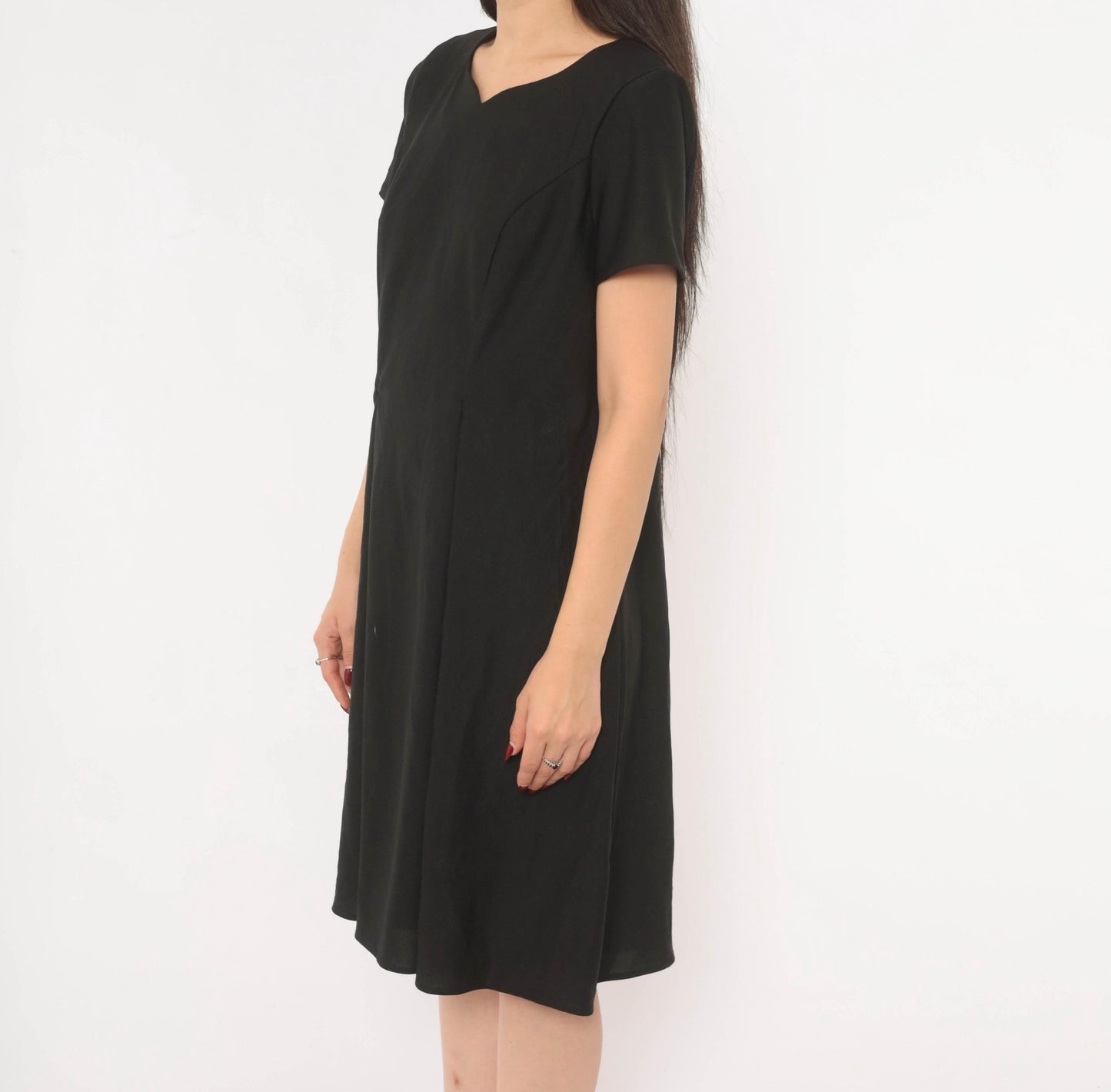 90s Black A-Line Dress Sweetheart Neckline Cap Sleeve Knee-Length Large L