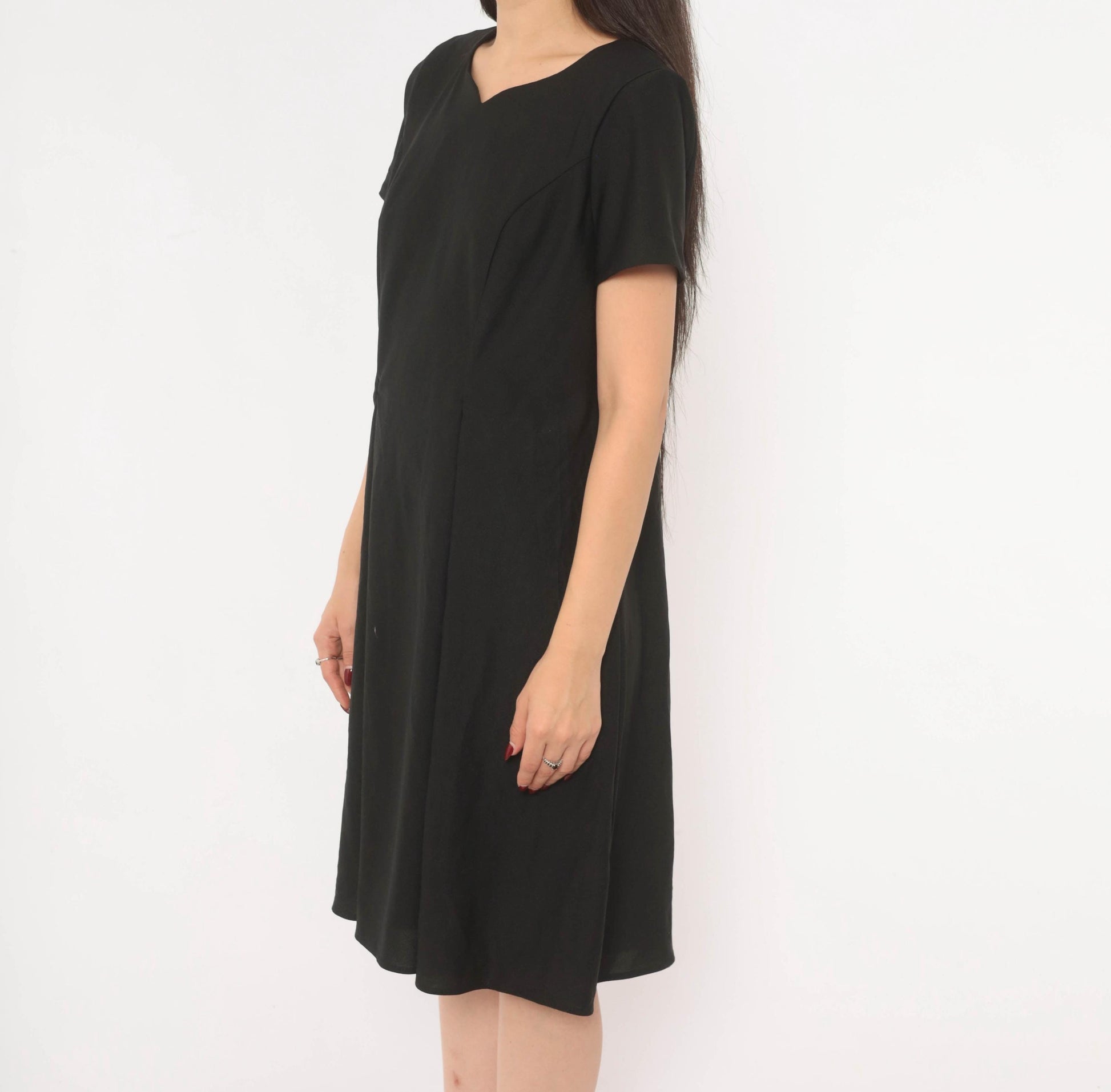 90s Black A-Line Dress Sweetheart Neckline Cap Sleeve Knee-Length Large L