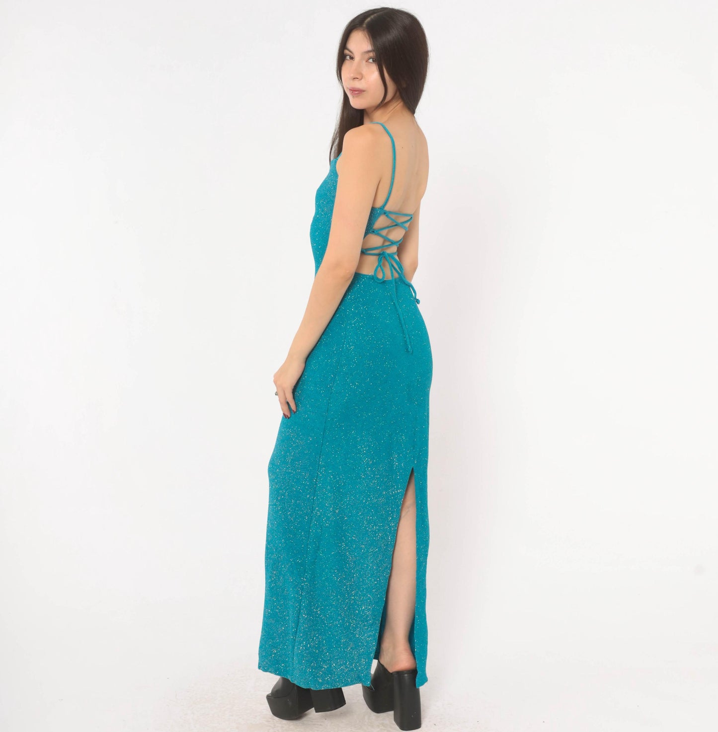 2000s City Triangles Teal Glitter Maxi Dress Lace-Up Back Small