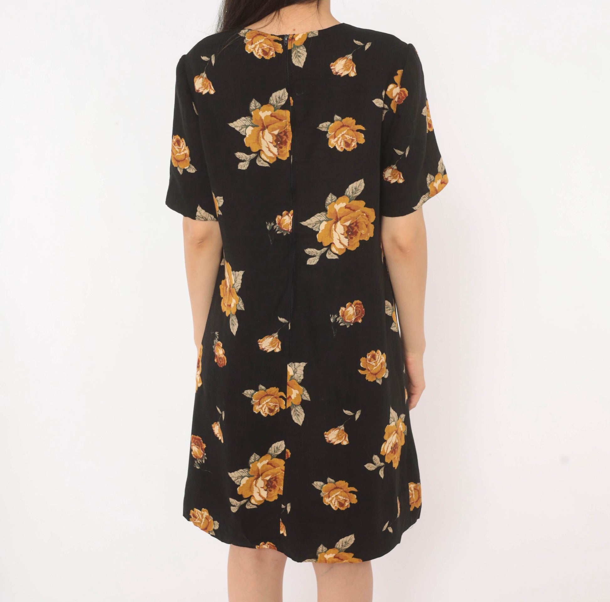 90s Black Floral Shift Dress Mustard Rose Print Cotton Crew Neck Medium M