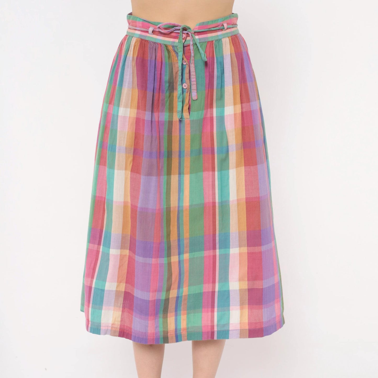 80s Michel Madras Plaid Cotton Midi Skirt Gathered A-Line Pink Teal Small