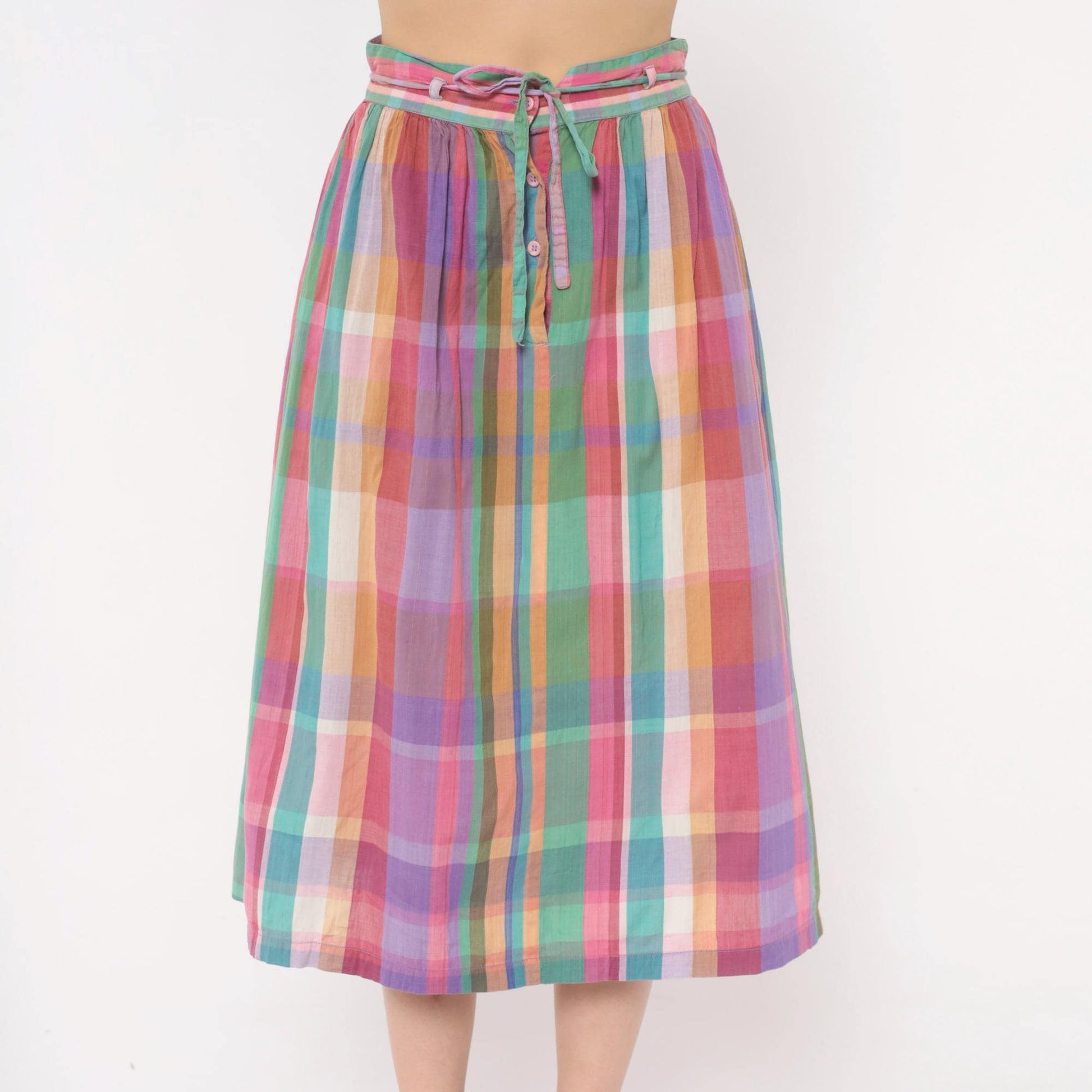 80s Michel Madras Plaid Cotton Midi Skirt Gathered A-Line Pink Teal Small