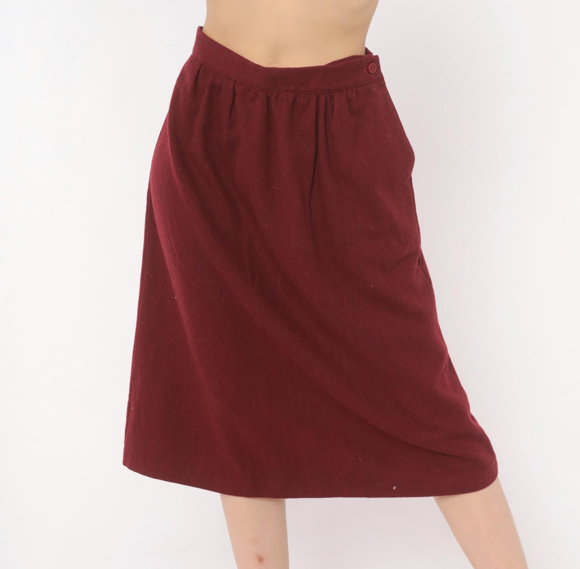 80s Sag Harbor Burgundy Wool A-Line Skirt Pleated Pockets Small