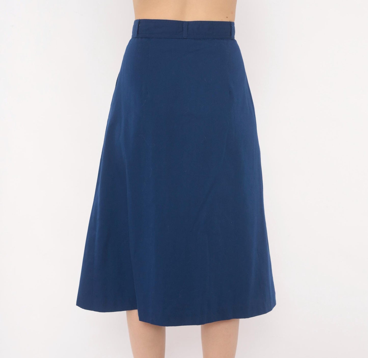 80s Navy Button Front A-Line Skirt Cotton Knee Length Medium M