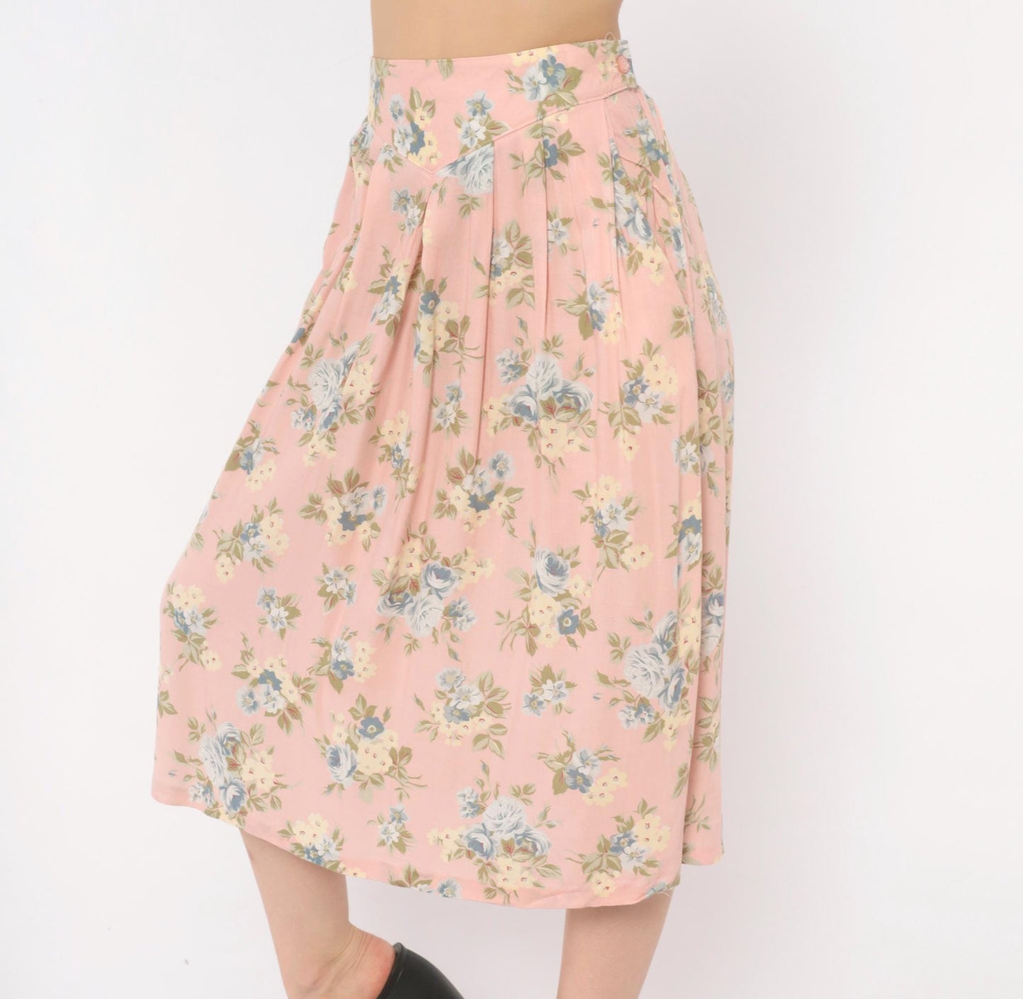 90s Russ Petites Floral Pleated Skirt Pink Rose Blue Cotton A-Line Medium