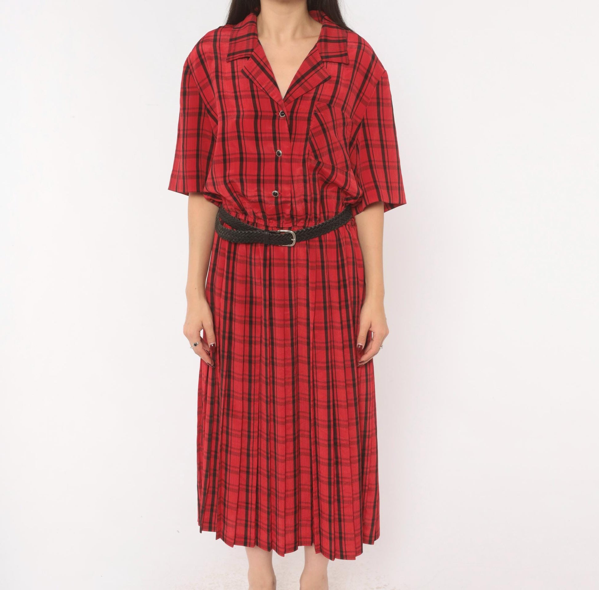 80s Leslie Fay Plaid Shirtdress Red Black Tartan Midi Pleated Medium Large