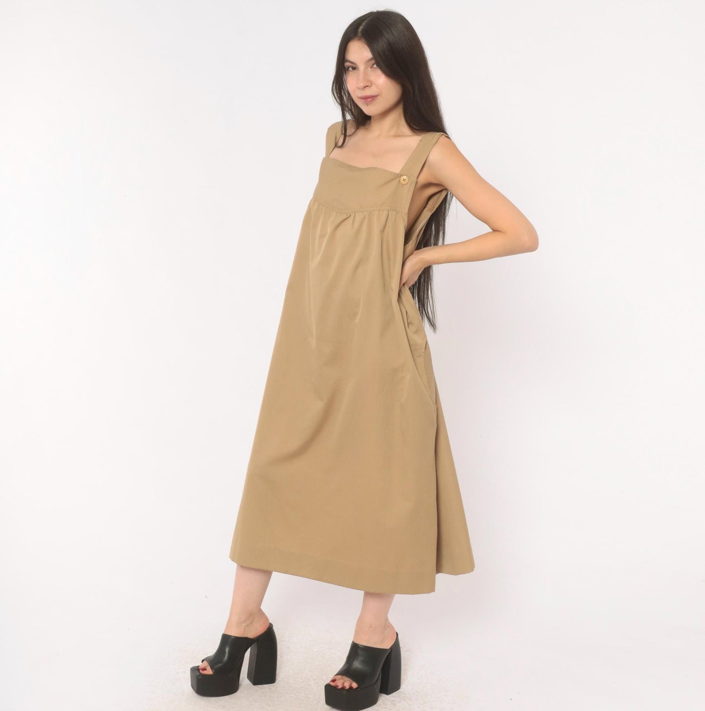 80s Tan Cotton Jumper Dress Square Neck Button Strap Midi Pinafore Large L
