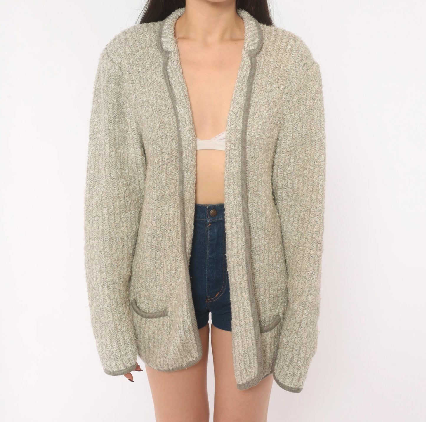 70s Harrington Square Bouclé Cardigan Grey Patch Pocket Knit Large L