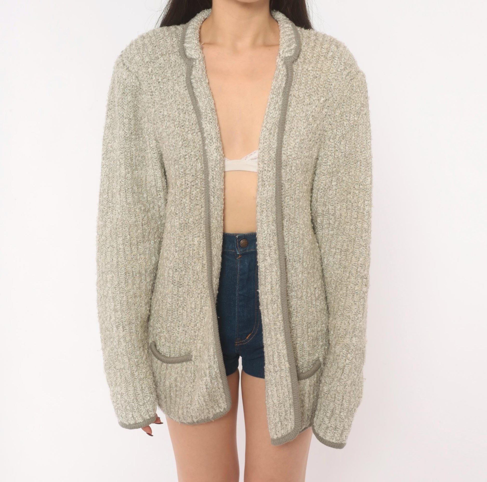 70s Harrington Square Bouclé Cardigan Grey Patch Pocket Knit Large L