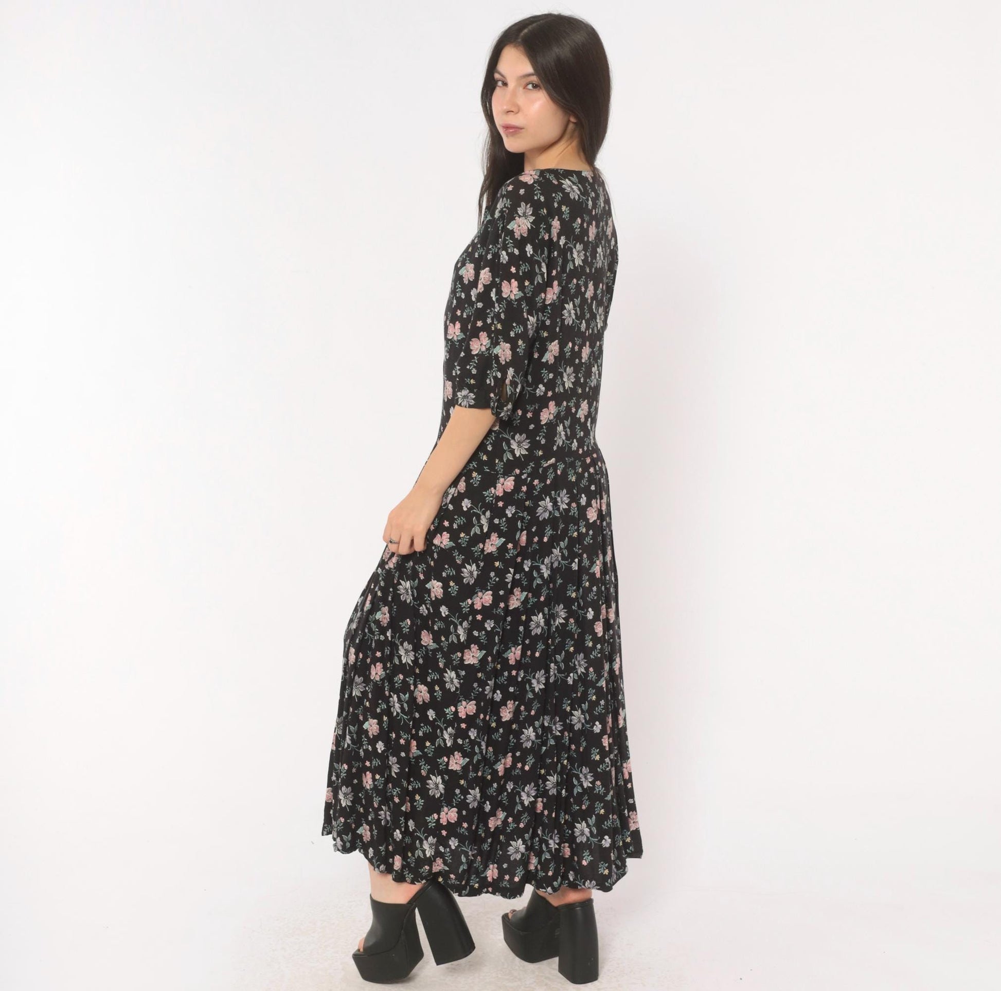 Y2K Putumayo Black Floral Maxi Dress Pink Lavender Button Front Large L