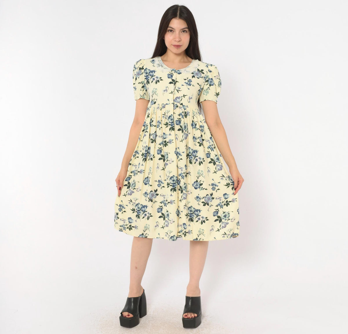 90s Swat Floral Babydoll Dress Cream Blue Puff Sleeve Lace Collar Extra Small XS