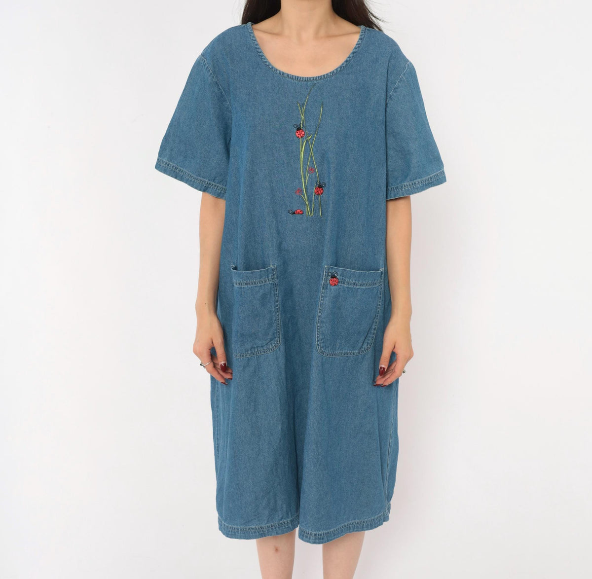 90s Blair Ladybug Embroidered Denim Shift Dress Blue Knee-Length Extra Large