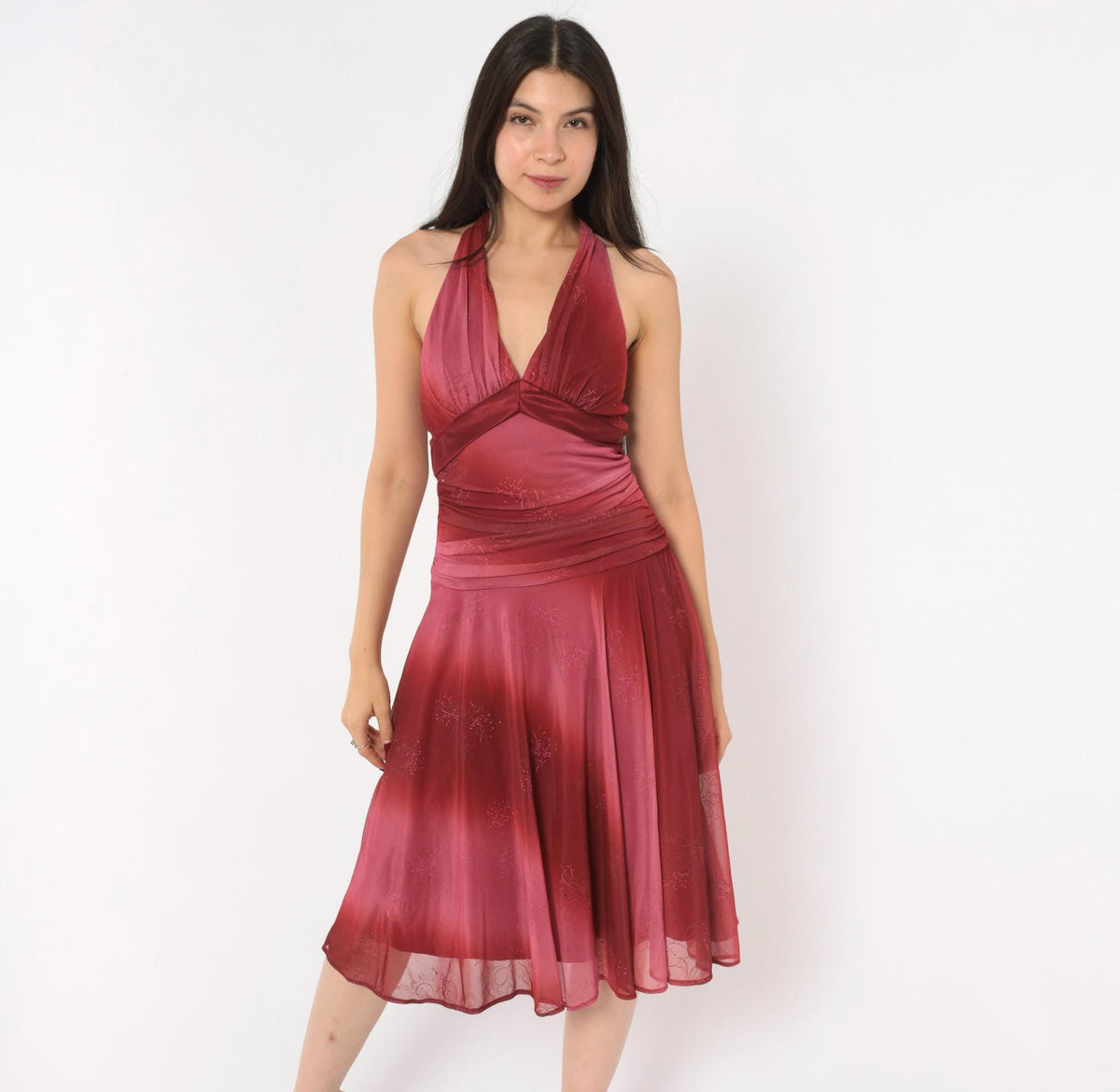 00s Fanny Fashion Burgundy Ombre Halter Dress Deep V Neck Mesh Floral Glitter Small