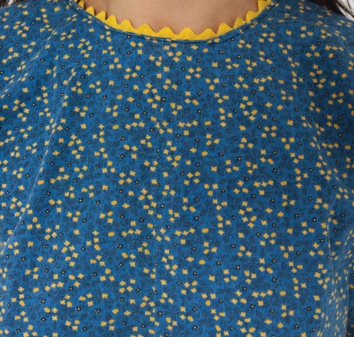 70s Ditsy Floral Cotton Mini Dress Blue Yellow Ric Rac Long Sleeve Extra Small XS