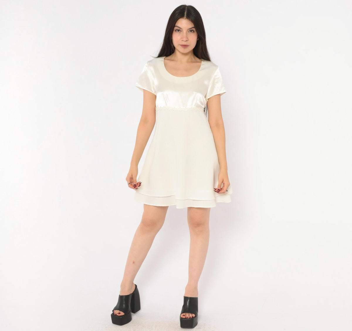 90s Byer Too! Babydoll Dress Cream Satin Empire Waist Chiffon Mini Small S