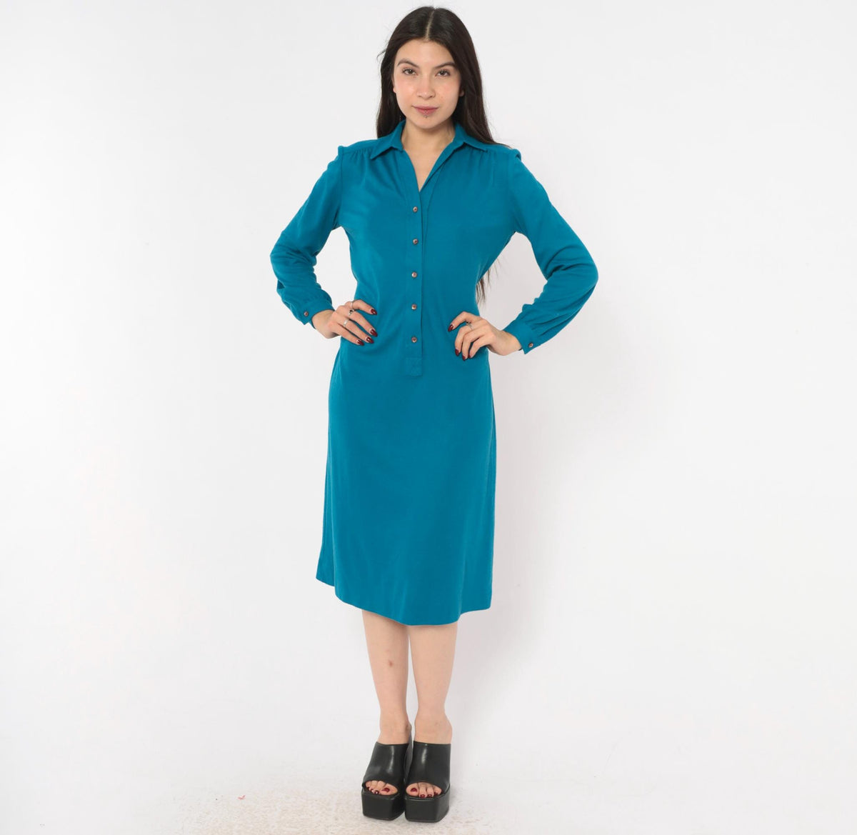 70s Schrader Sport Petites Teal Wool Shirt Dress Tie Waist A-Line Medium M