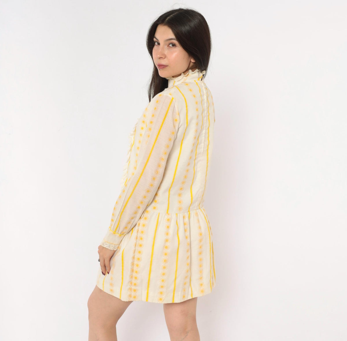 60s Miss Brent Daisy Stripe Mini Dress Yellow Cream Lace High Neck Long Sleeve Extra Small
