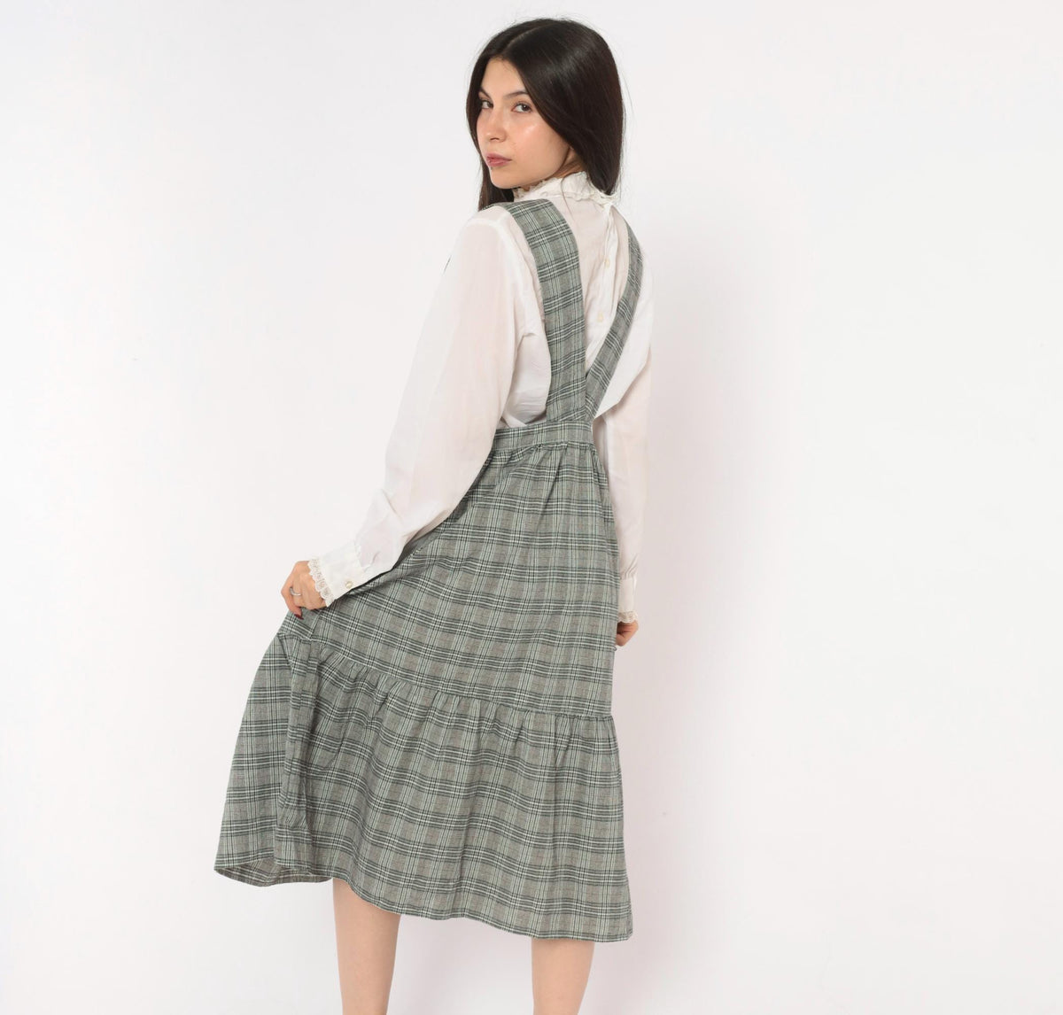90s Grey Glen Plaid Pinafore Dress V-Neck Suspender Straps Tiered Ruffle Medium M