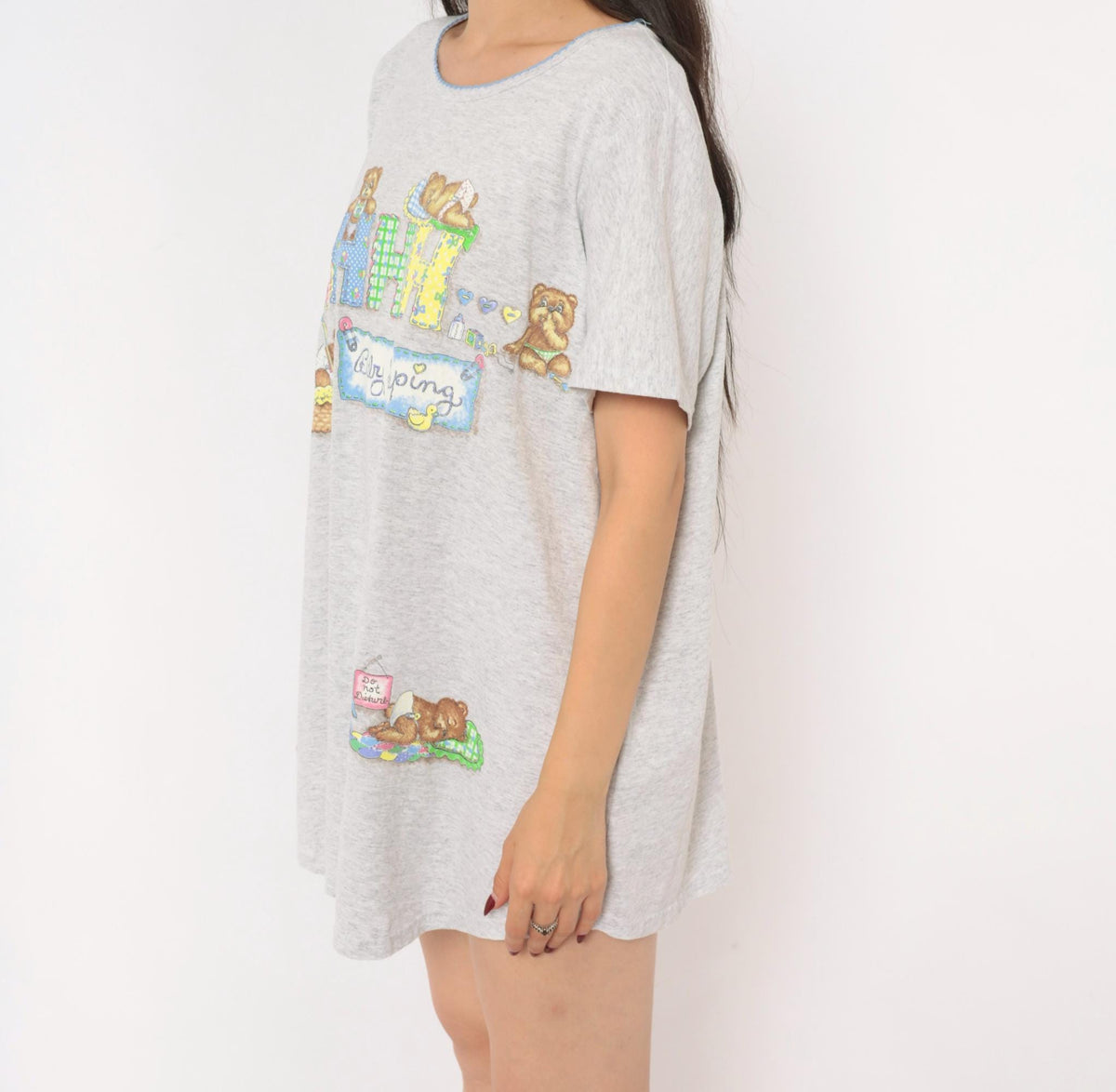 90s New Addition Maternity Sleep Shirt Grey Teddy Bear Graphic Medium