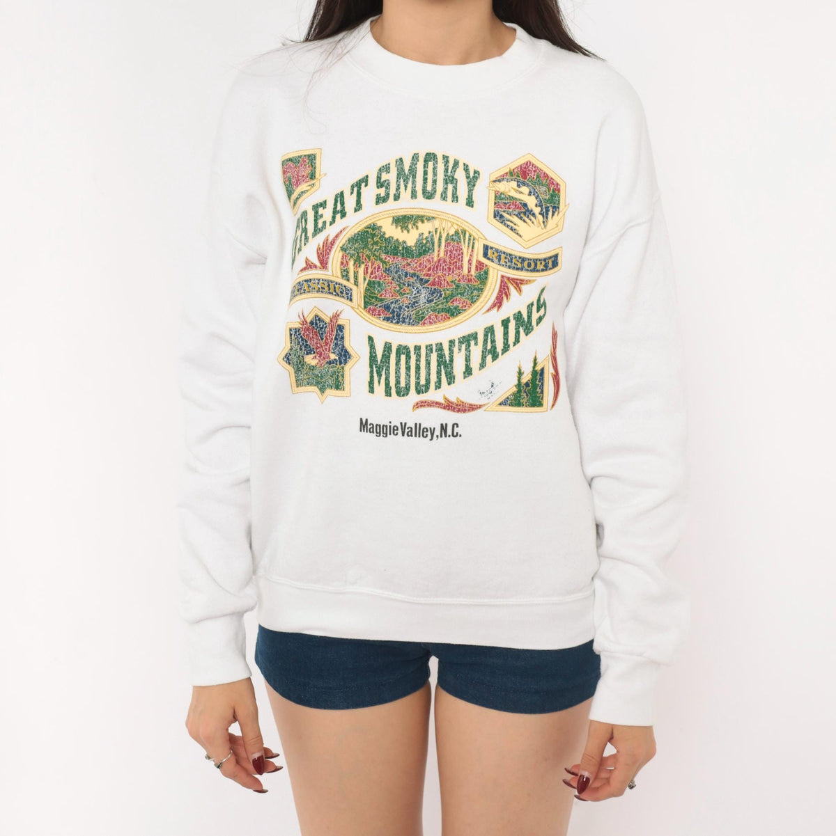 90s Great Smoky Mountains Fruit Of The Loom Crewneck Sweatshirt White Medium M