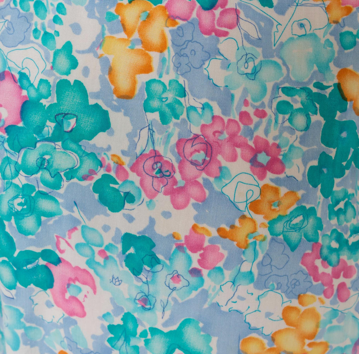 80s Watercolor Floral Crop Top Teal Pink Periwinkle Cap Sleeve Medium