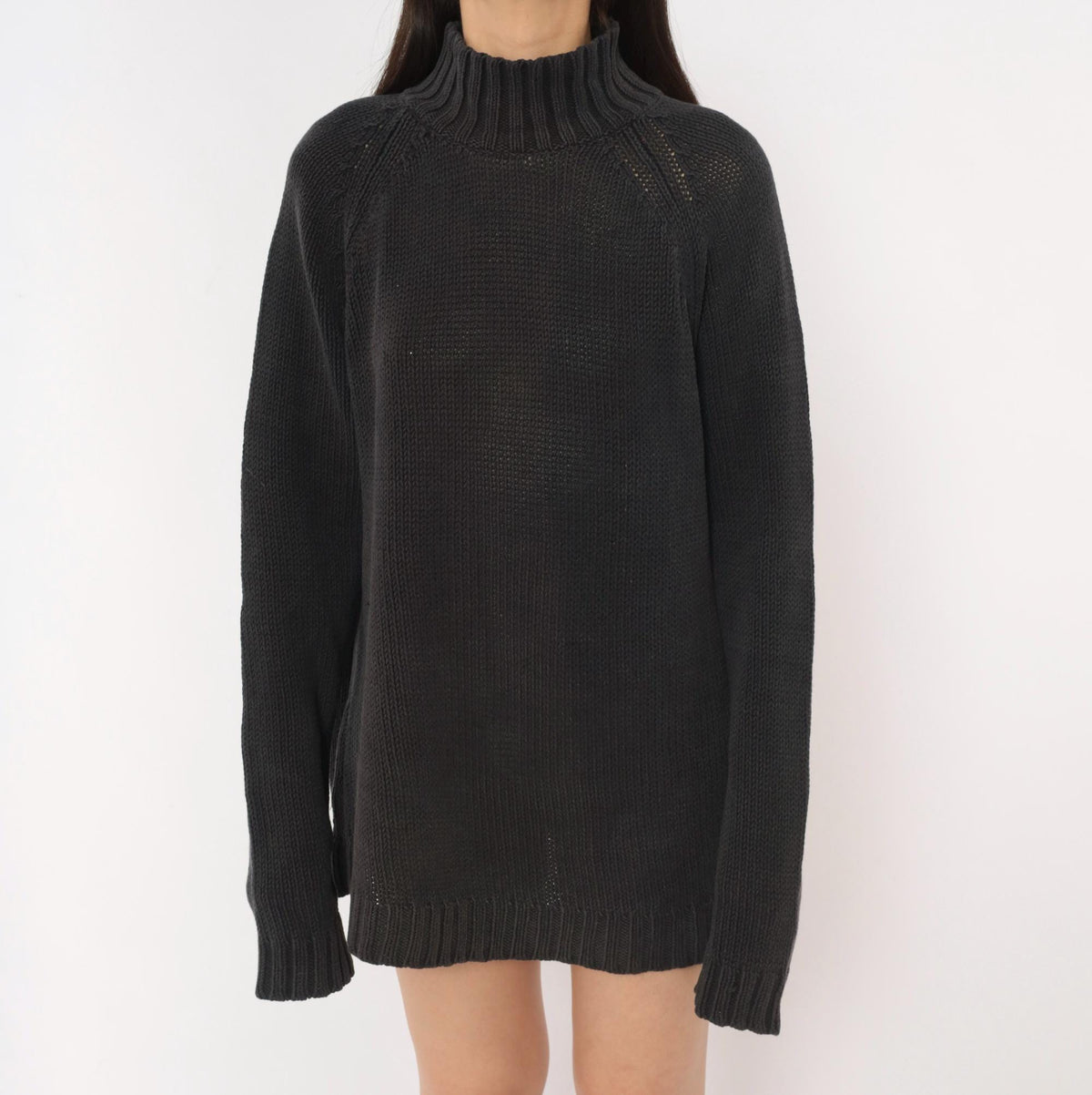 90s Chadwick's Black Mock Neck Sweater Cotton Knit Raglan Pullover Large L