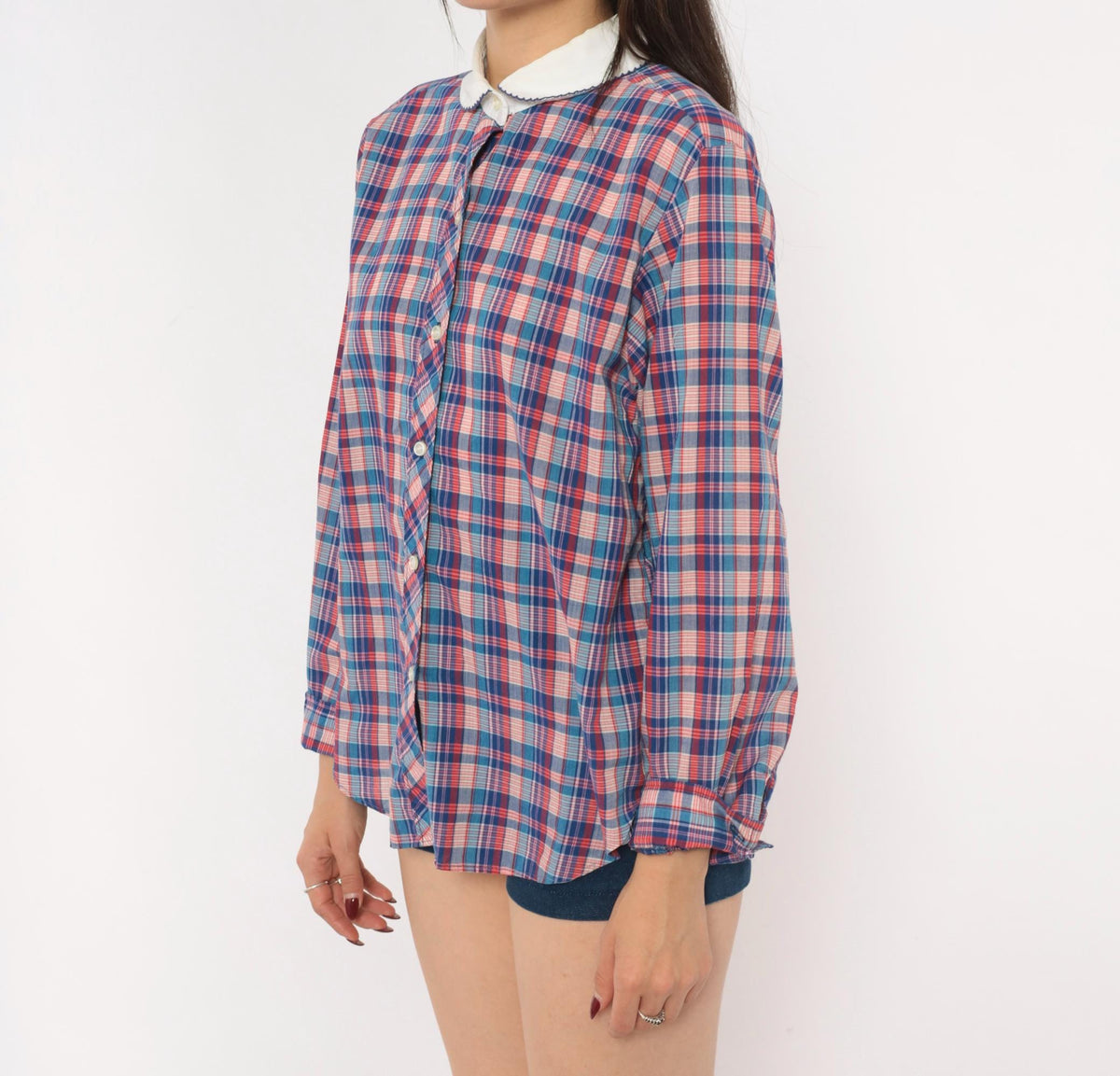 80s Oak Hill Plaid Peter Pan Collar Button Blouse Blue Red White Medium