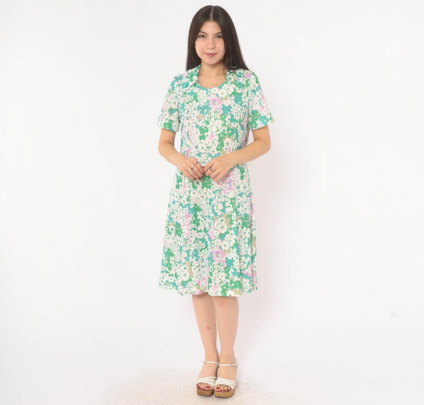 70s Psychedelic Floral A-Line Dress Green Pink White Scoop Collar Knee Medium