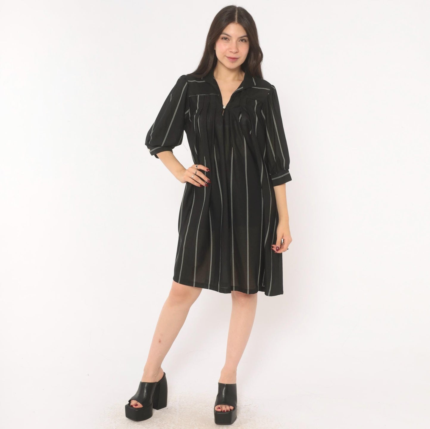 70s Black Pinstripe Shirt Dress Knee-Length Collared Button Front Medium