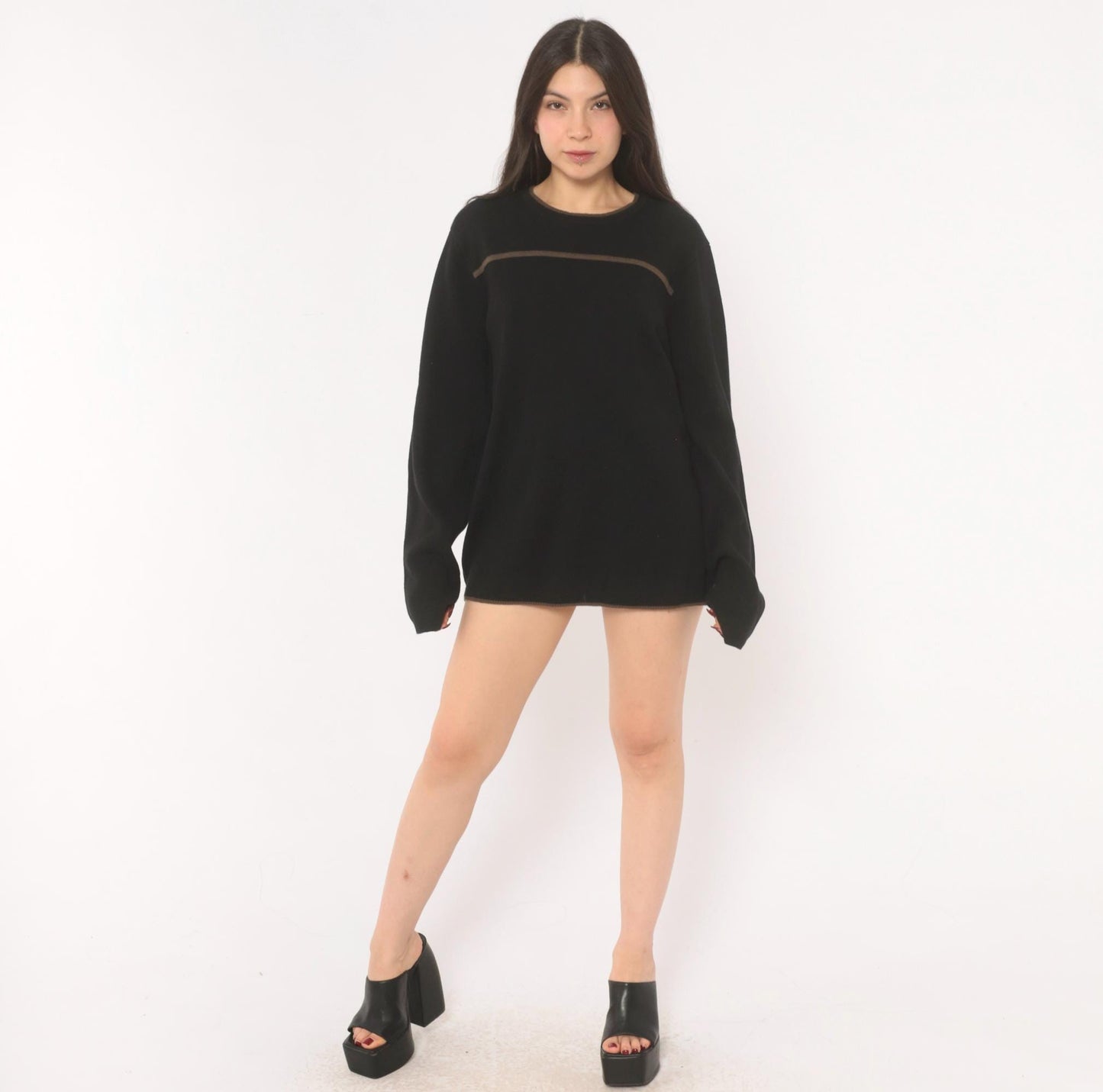 90s Reunion Black Knit Sweater Tan Stripe Crewneck Medium