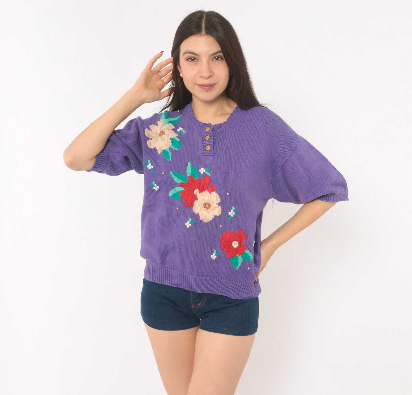80s Koret Francisca Purple Floral Embroidered Henley Sweater Cotton Medium M