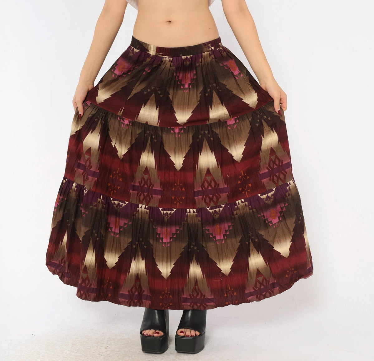 90s Circle T Southwestern Maxi Skirt Geometric Print Burgundy Cotton Medium